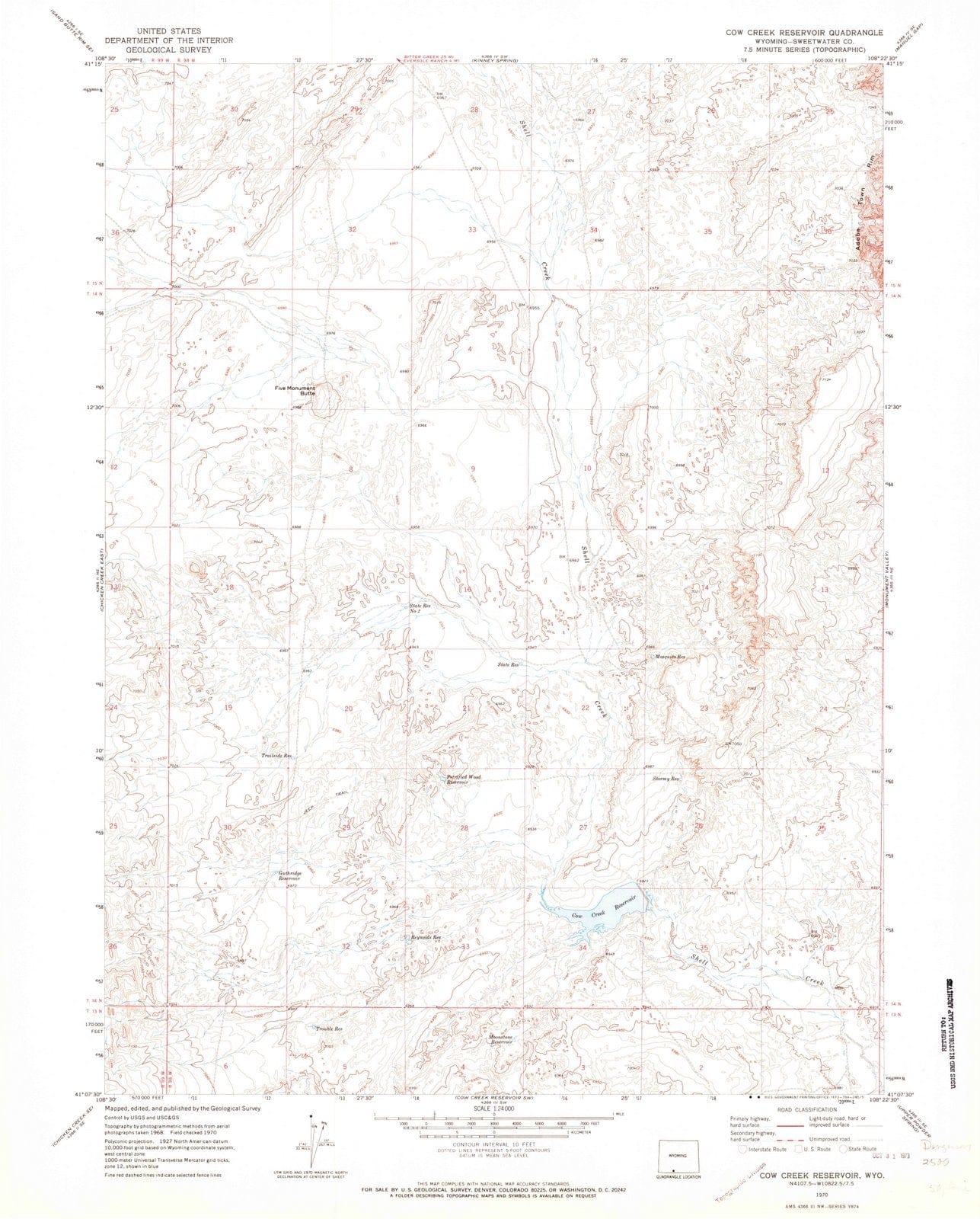 1970 Cow Creek Reservoir, WY - Wyoming - USGS Topographic Map v2