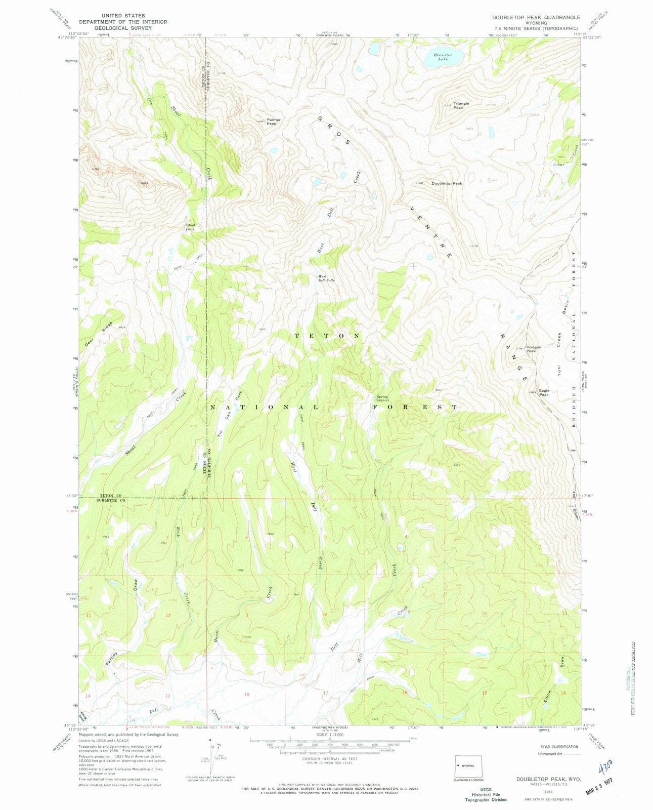 1967 Doubletop Peak, WY - Wyoming - USGS Topographic Map