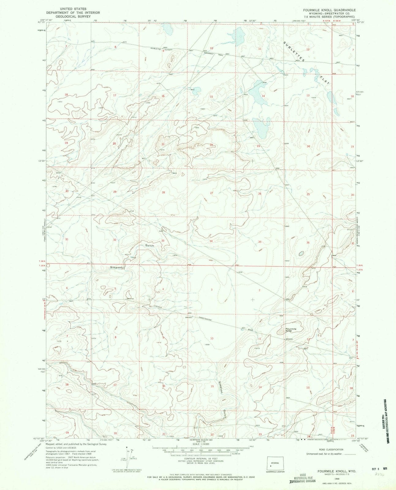 1968 Fourmile Knoll, WY - Wyoming - USGS Topographic Map