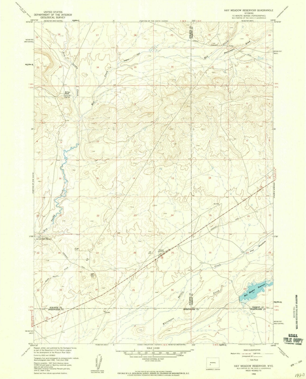 1958 Hay Meadow Reservoir, WY - Wyoming - USGS Topographic Map