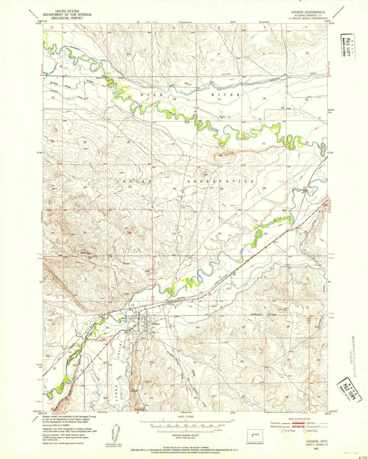 1952 Hudson, WY - Wyoming - USGS Topographic Map