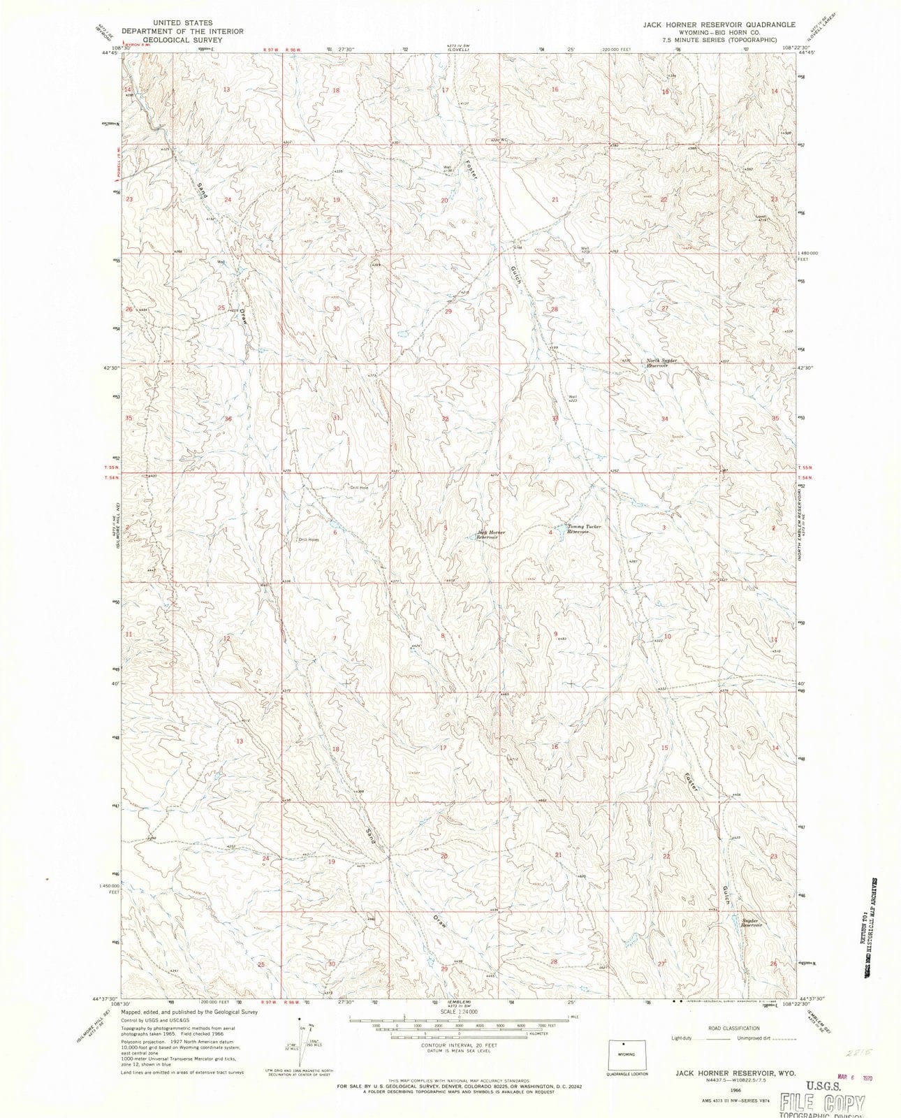 1966 Jack Horner Reservoir, WY - Wyoming - USGS Topographic Map