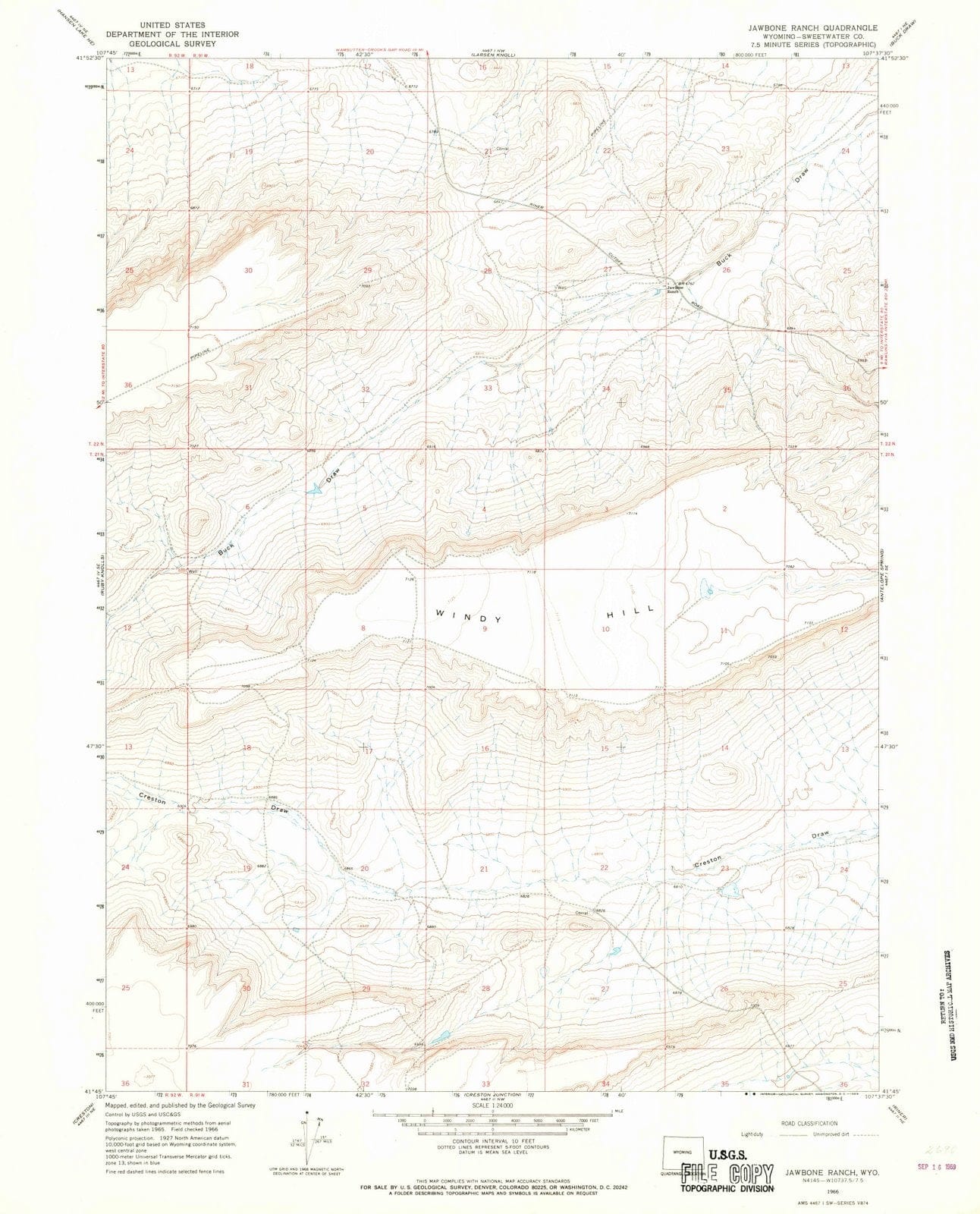 1966 Jawbone Ranch, WY - Wyoming - USGS Topographic Map
