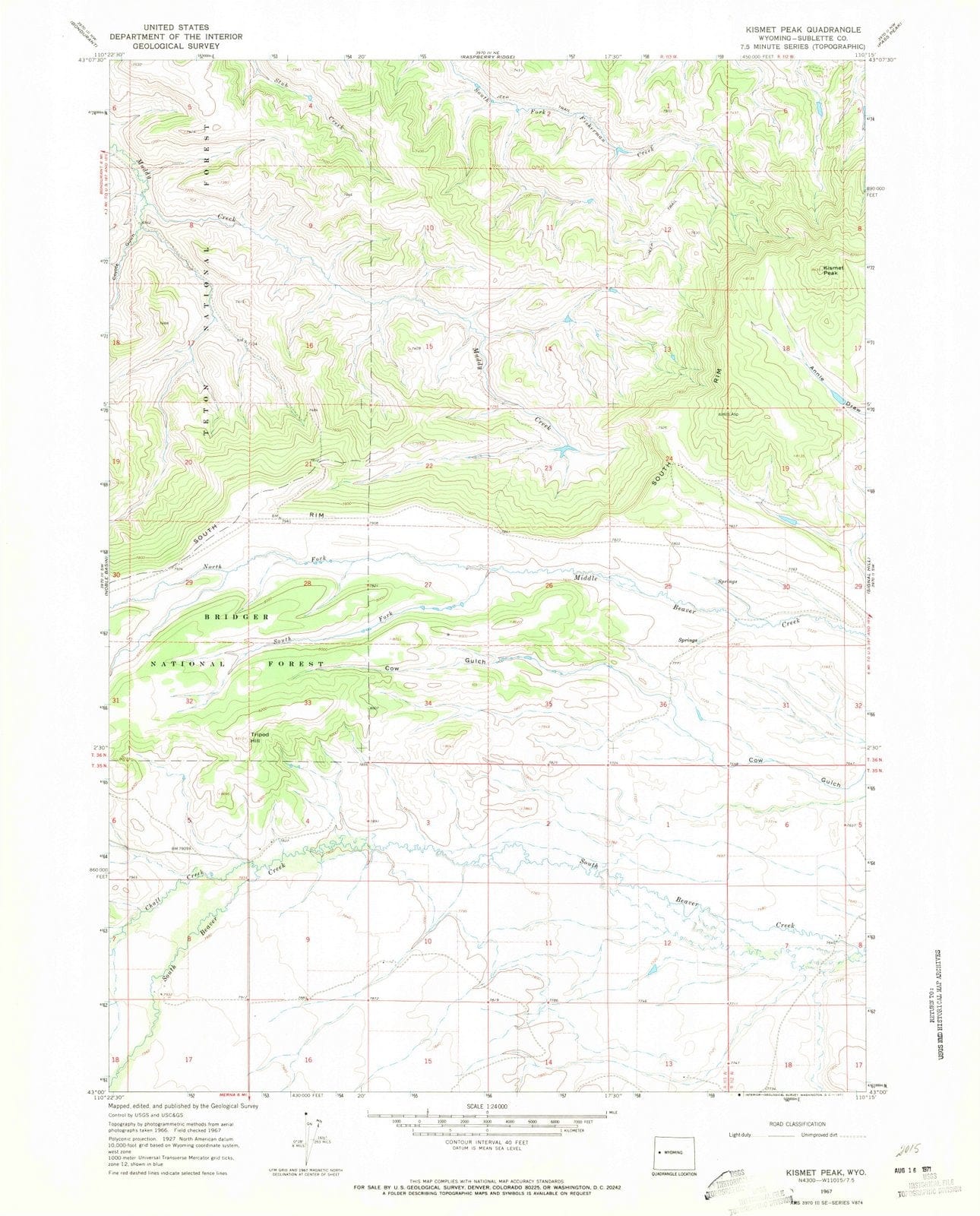 1967 Kismet Peak, WY - Wyoming - USGS Topographic Map