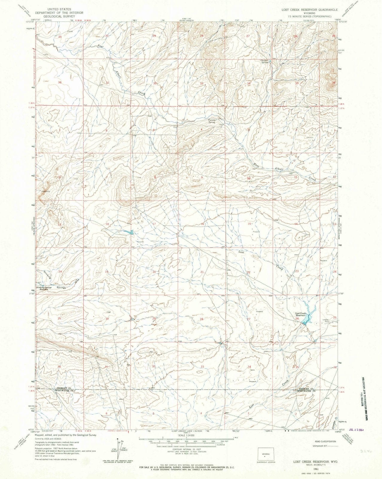 1961 Lost Creek Reservoir, WY - Wyoming - USGS Topographic Map