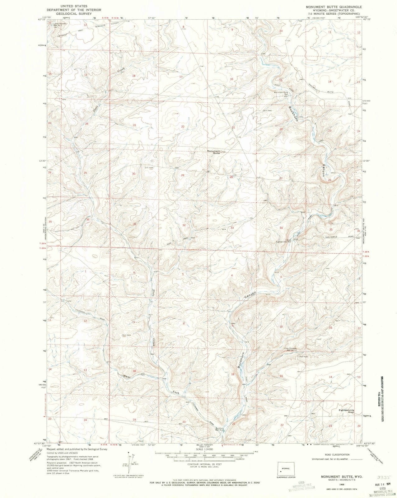 1968 Monument Butte, WY - Wyoming - USGS Topographic Map v2