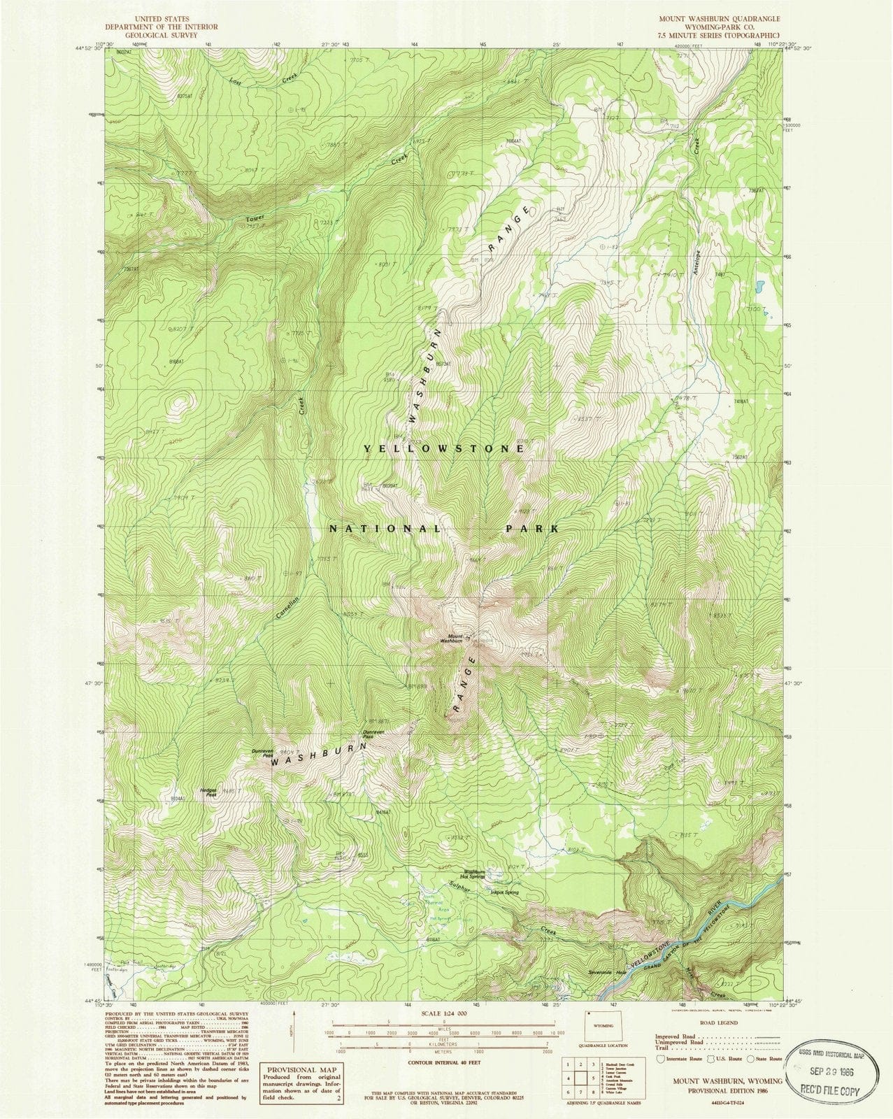 1986 Mount Washburn, WY - Wyoming - USGS Topographic Map