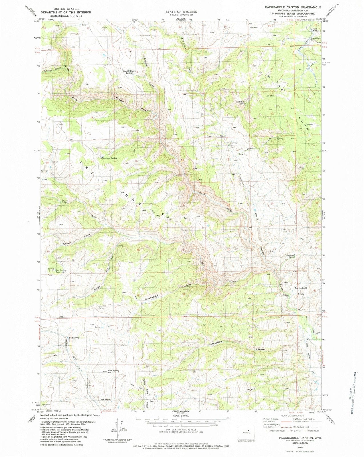 1984 Packsaddle Canyon, WY - Wyoming - USGS Topographic Map
