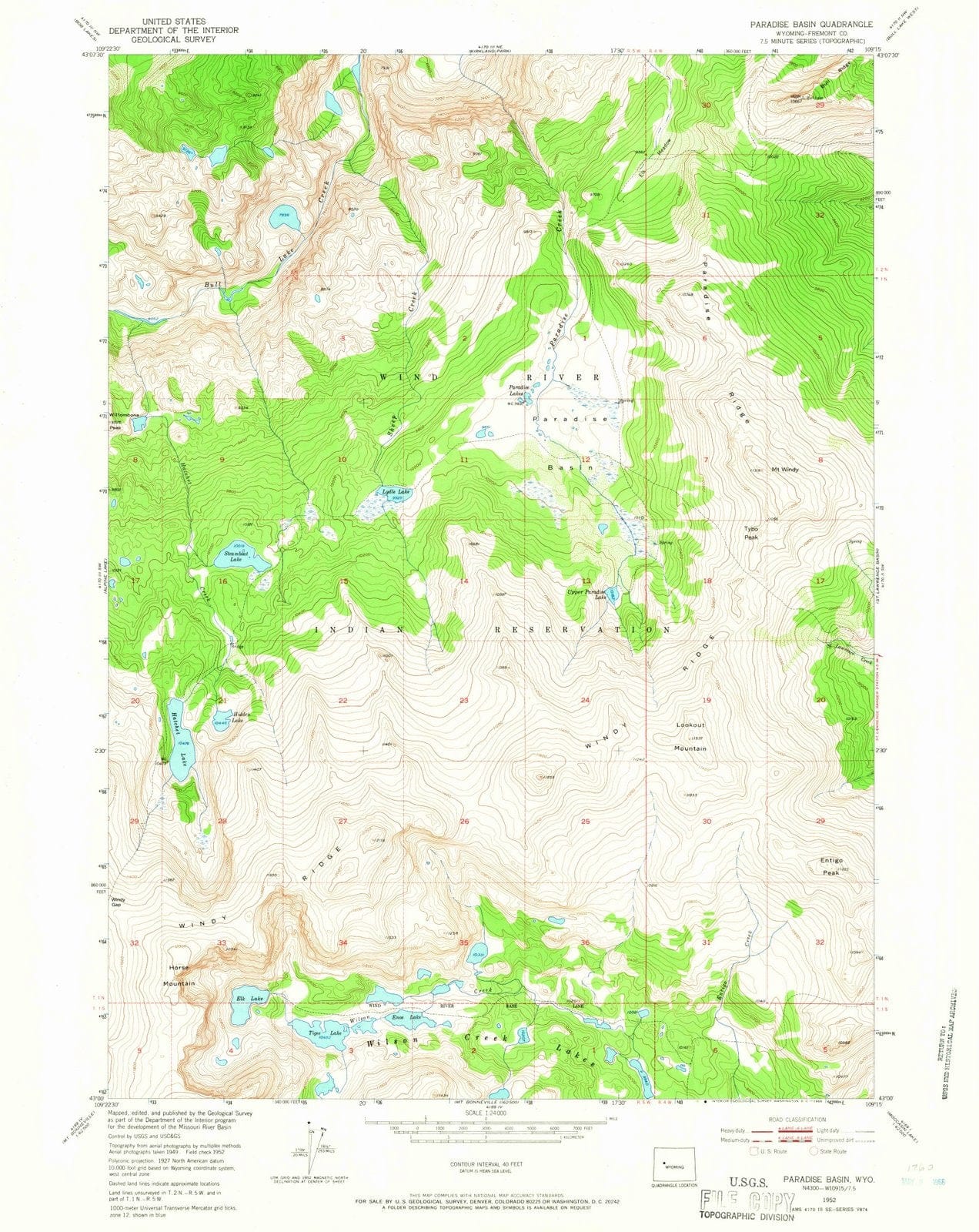 1952 Paradise Basin, WY - Wyoming - USGS Topographic Map