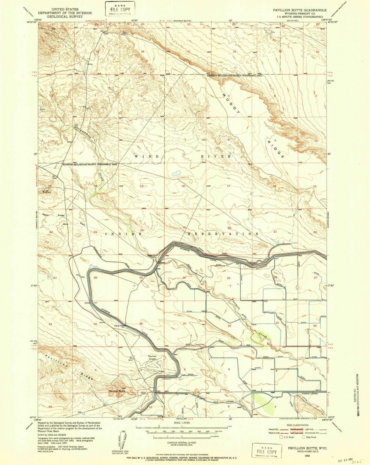 1950 Pavillion Butte, WY - Wyoming - USGS Topographic Map