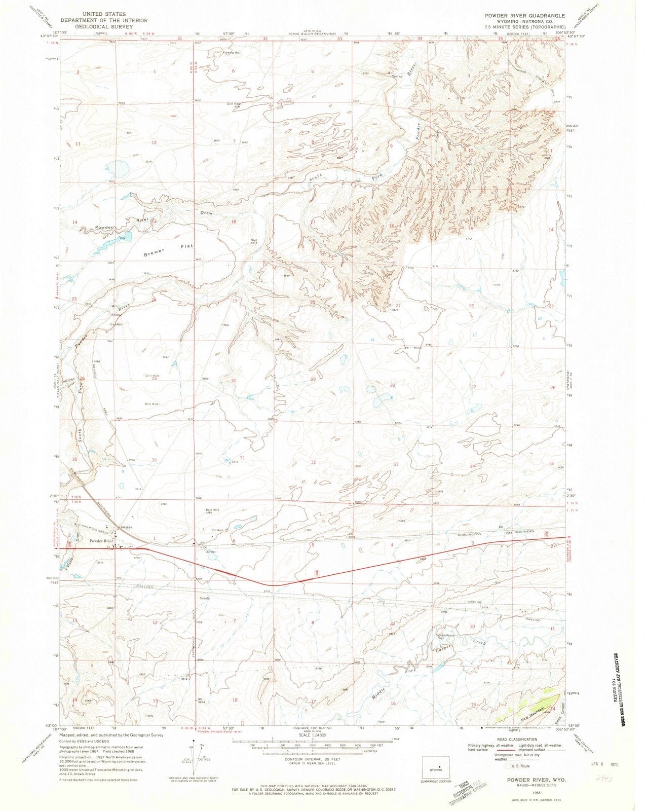 1968 Powder River, WY - Wyoming - USGS Topographic Map