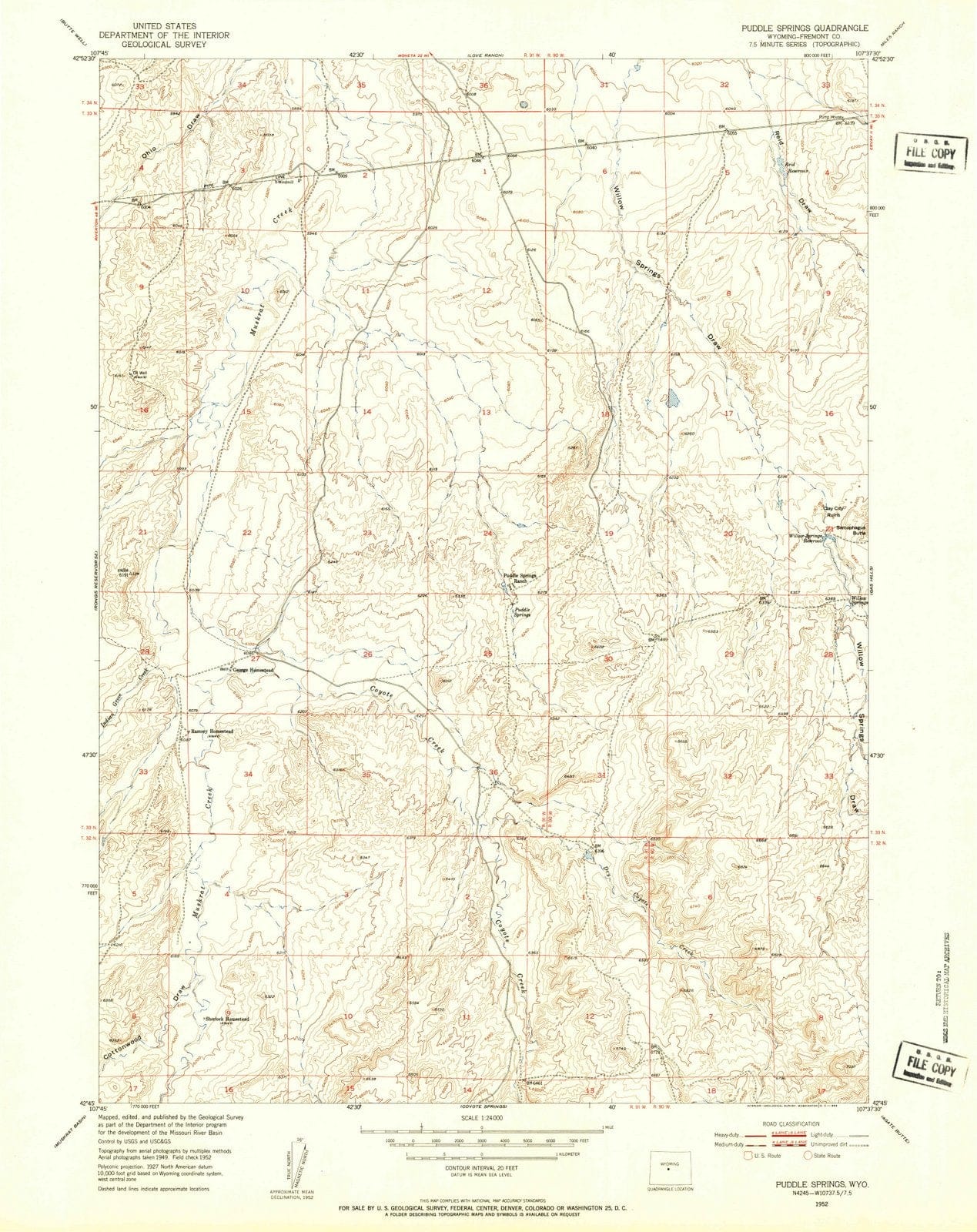 1952 Puddle Springs, WY - Wyoming - USGS Topographic Map