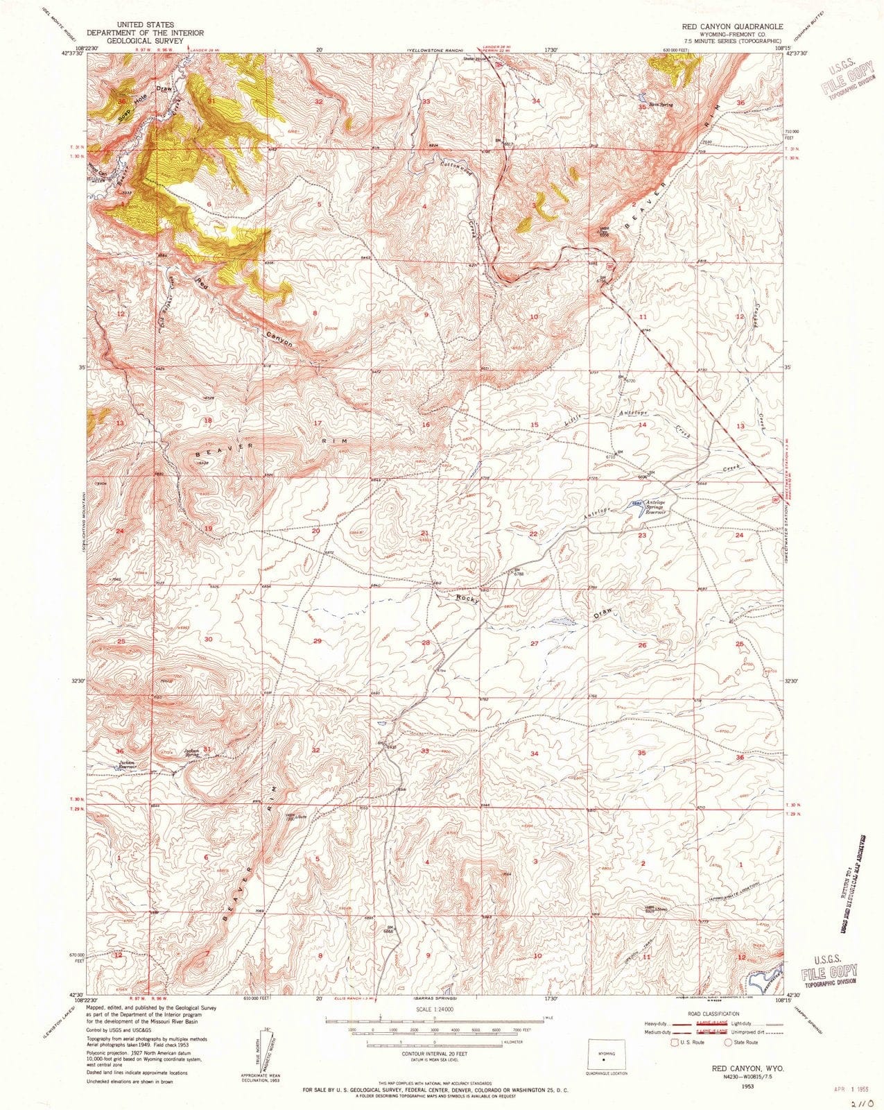 1953 Red Canyon, WY - Wyoming - USGS Topographic Map