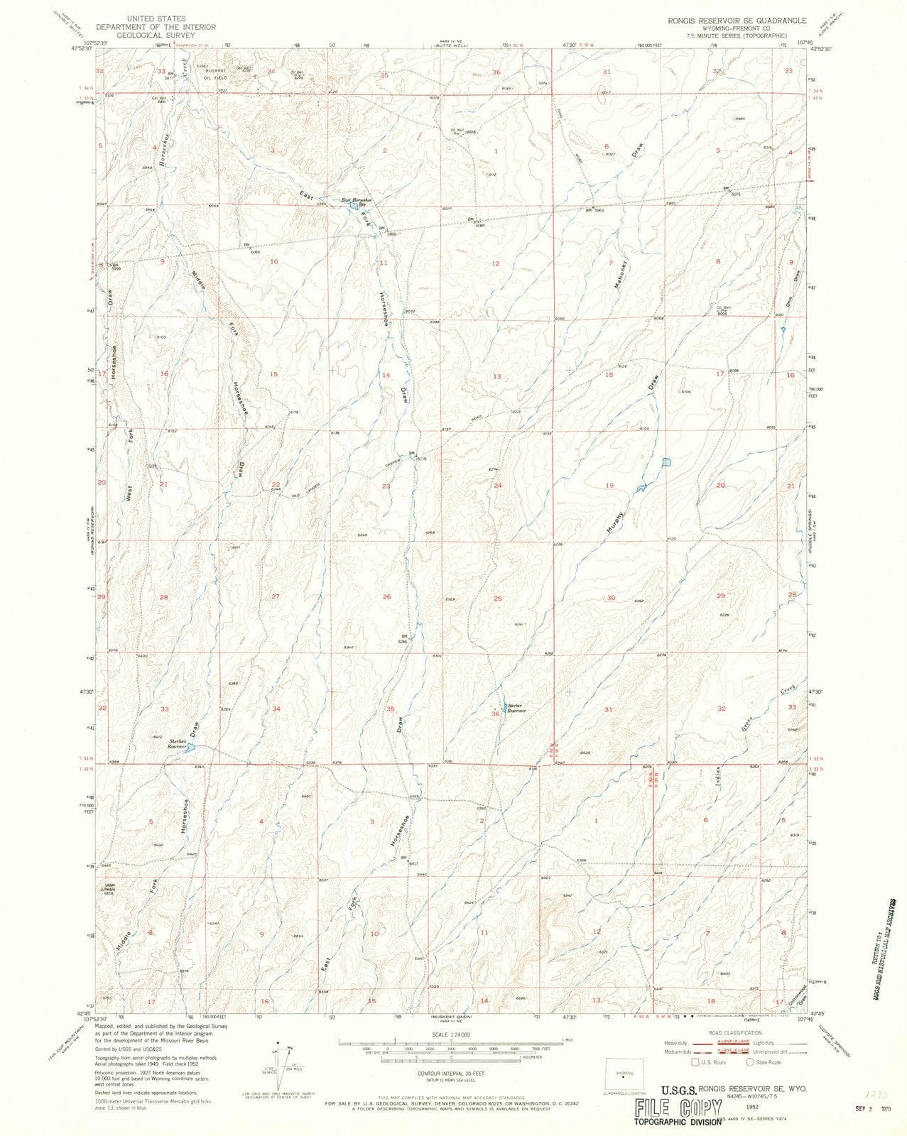 1952 Rongis Reservoir, WY - Wyoming - USGS Topographic Map