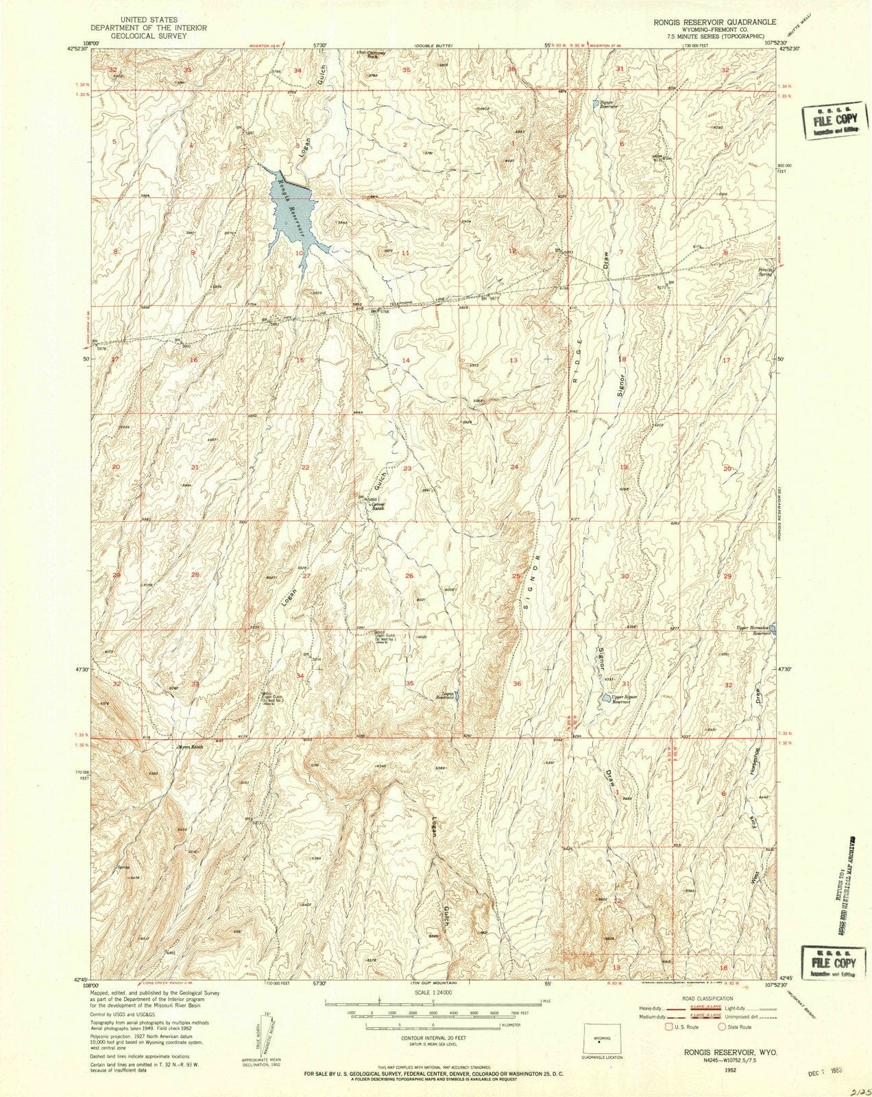 1952 Rongis Reservoir, WY - Wyoming - USGS Topographic Map v2