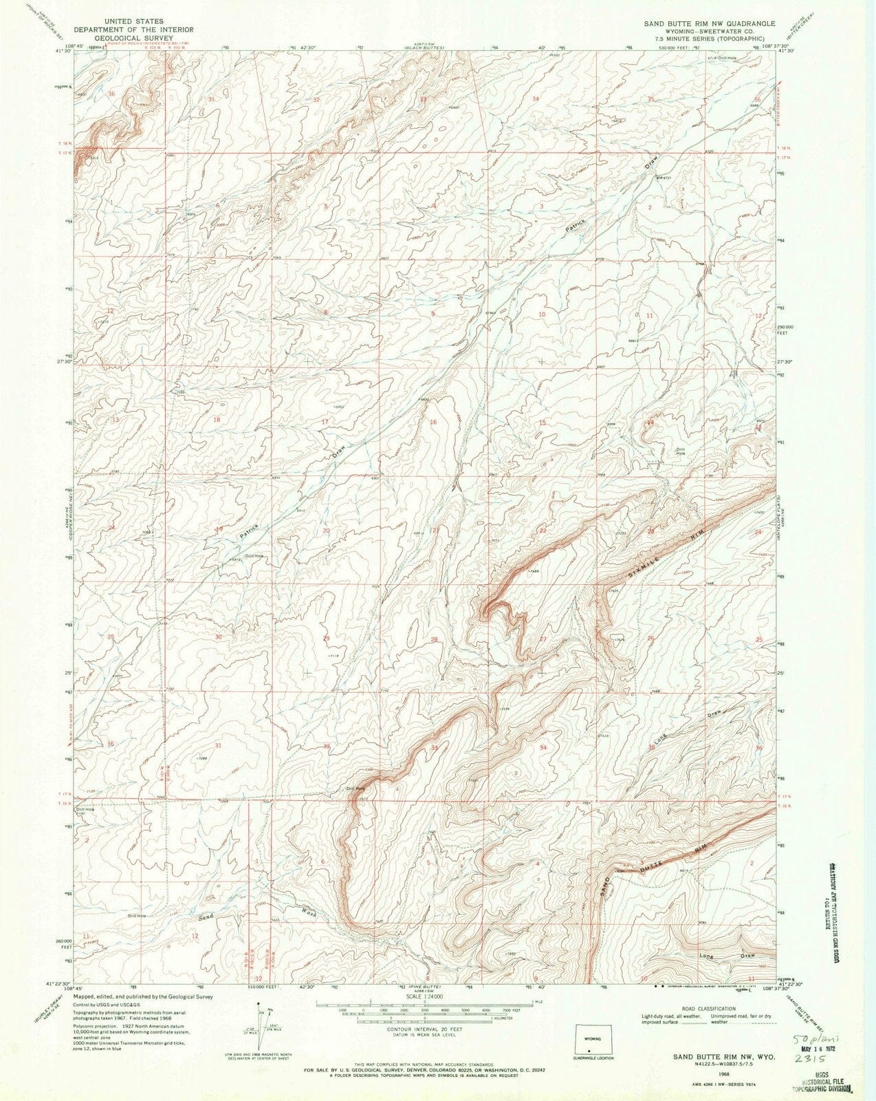 1968 Sand Butte Rim, WY - Wyoming - USGS Topographic Map