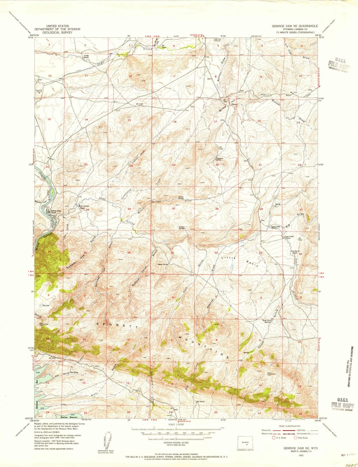 1953 Seminoeam, WY - Wyoming - USGS Topographic Map