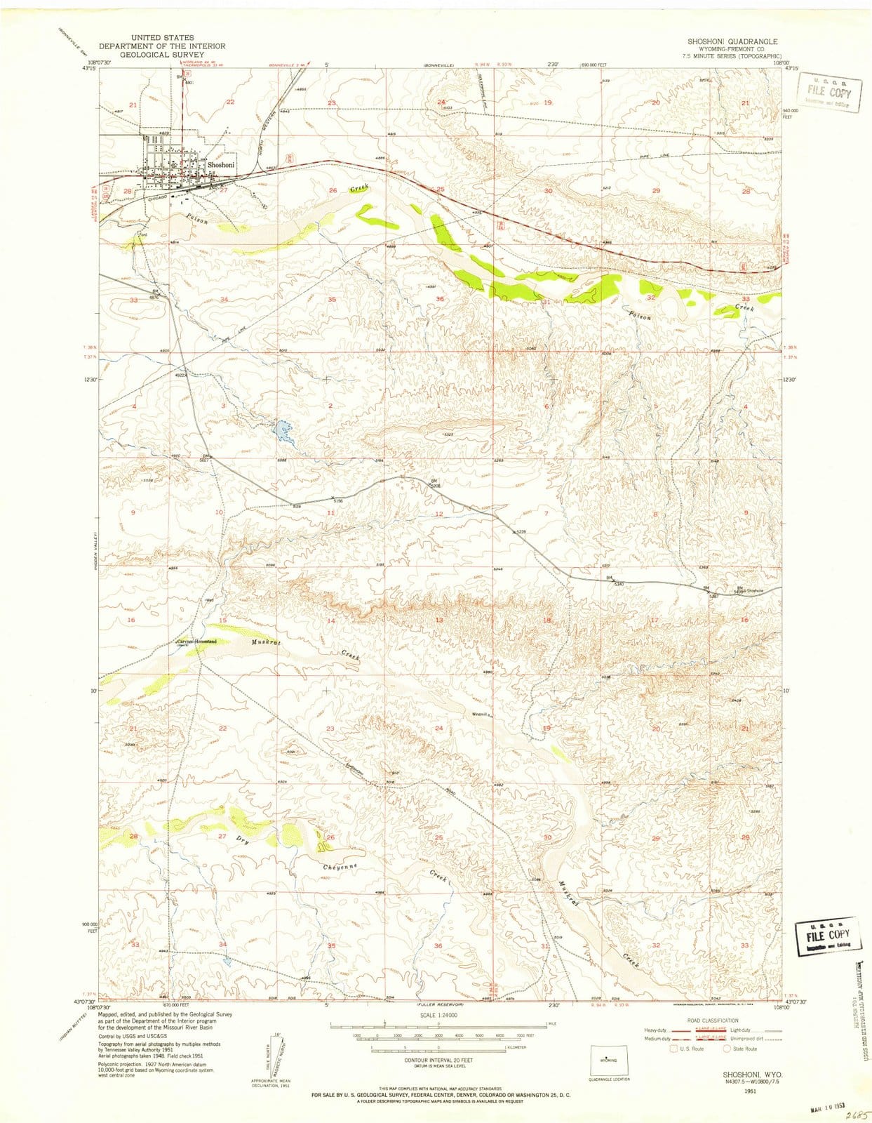 1951 Shoshoni, WY - Wyoming - USGS Topographic Map