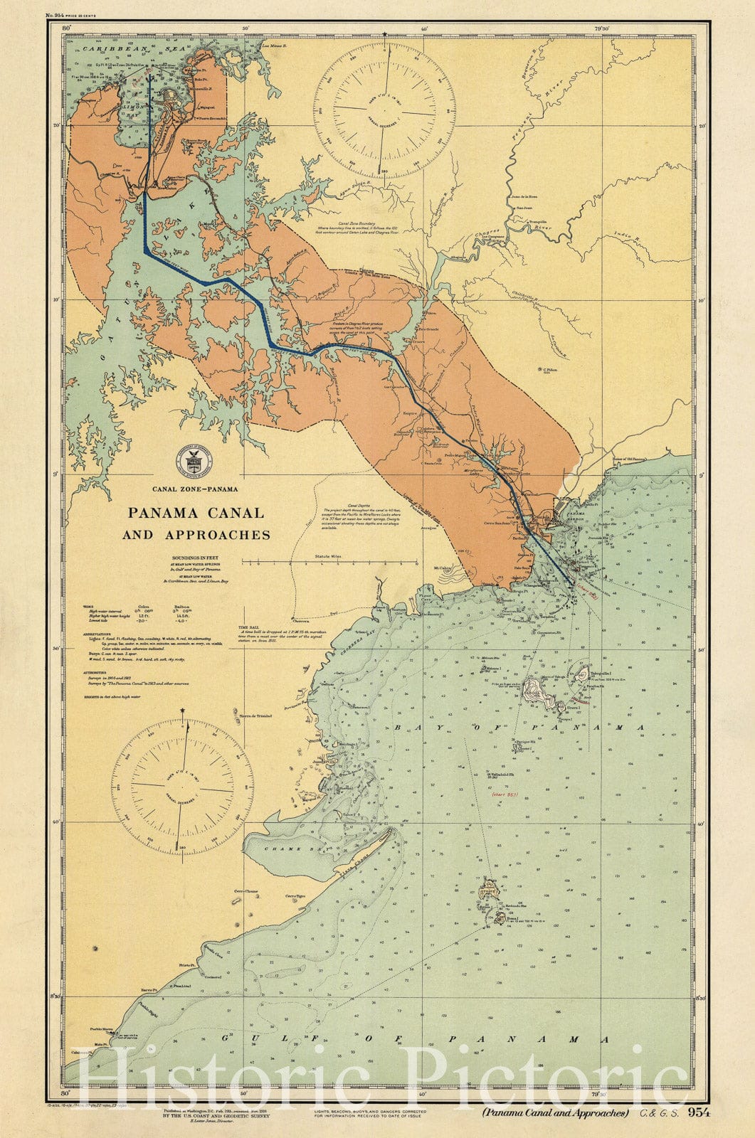 Panama Canal and Approaches, 1923 - Historical Nautical Chart Print