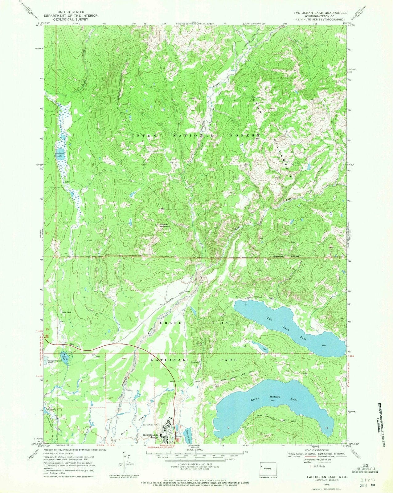 1968 Two Ocean Lake, WY - Wyoming - USGS Topographic Map
