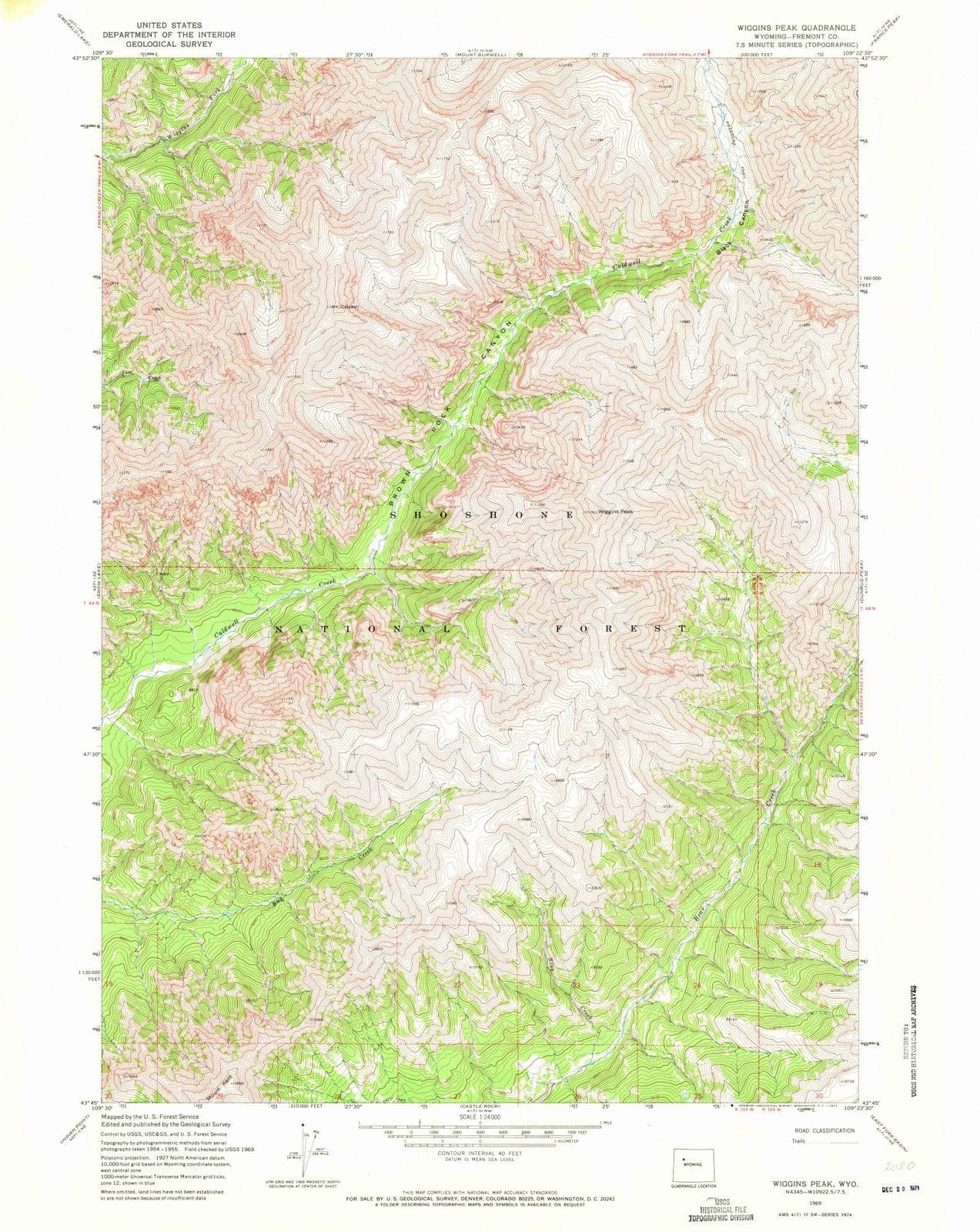 1969 Wiggins Peak, WY - Wyoming - USGS Topographic Map
