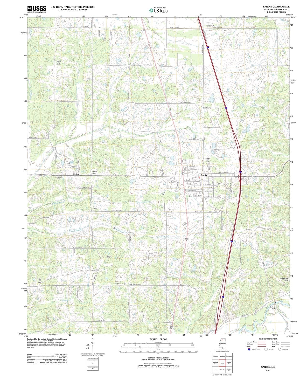 2012 Sardis, MS - Mississippi - USGS Topographic Map