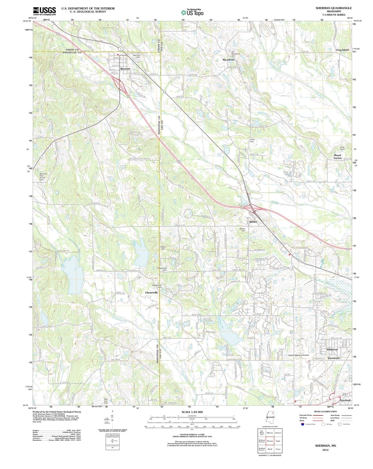 2012 Sherman, MS - Mississippi - USGS Topographic Map