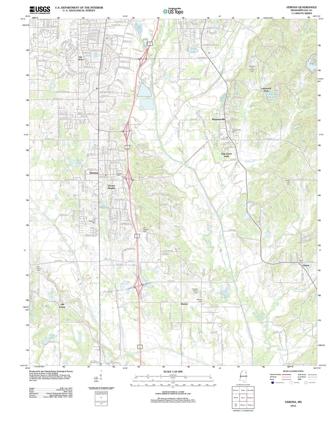 2012 Verona, MS - Mississippi - USGS Topographic Map
