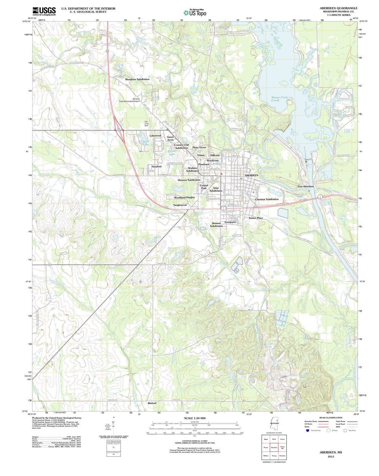 2012 Aberdeen, MS - Mississippi - USGS Topographic Map