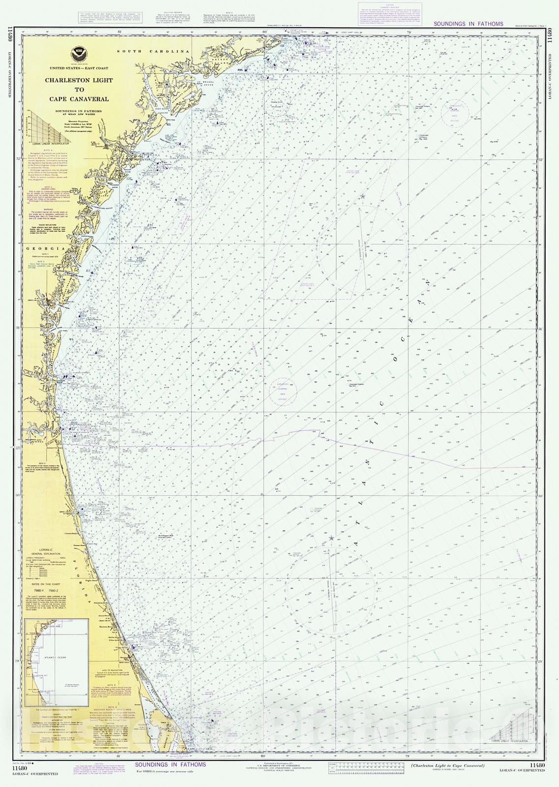 Historic Nautical Map - Charleston Light To Cape Canaveral, 1984 NOAA Chart - Georgia, South Carolina, Florida (GA, SC, FL) - Vintage Wall Art