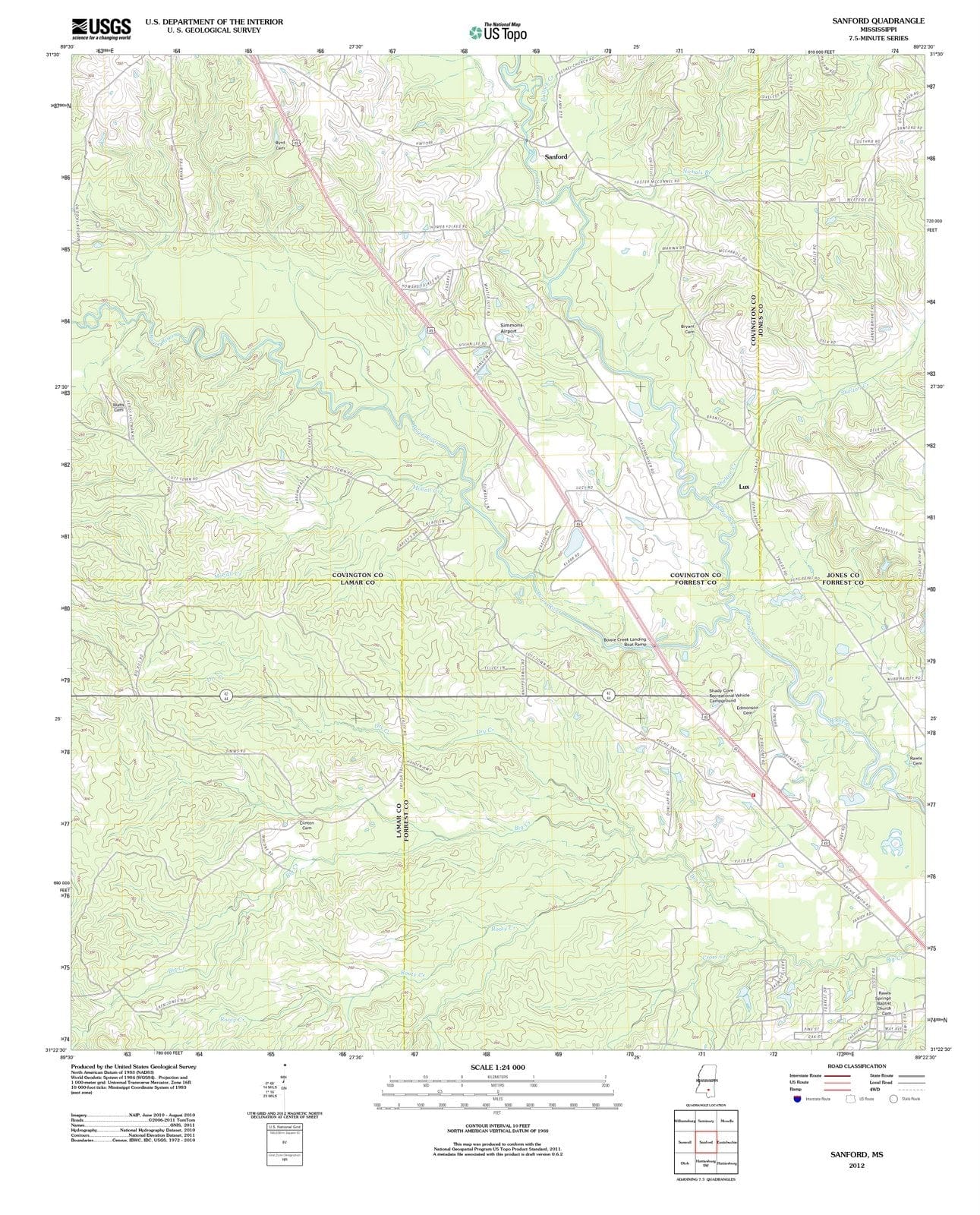 2012 Sanford, MS - Mississippi - USGS Topographic Map