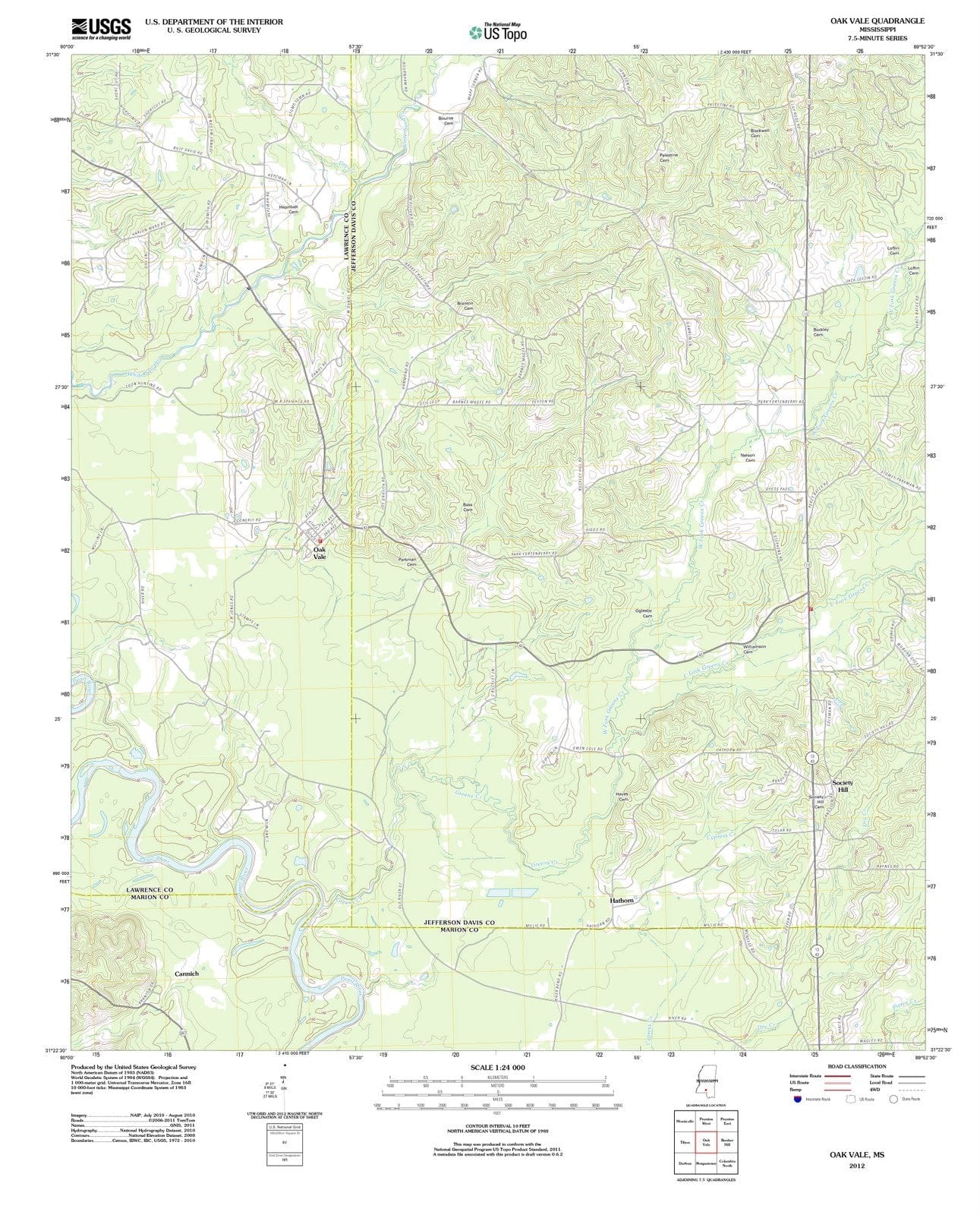 2012 Oak Vale, MS - Mississippi - USGS Topographic Map