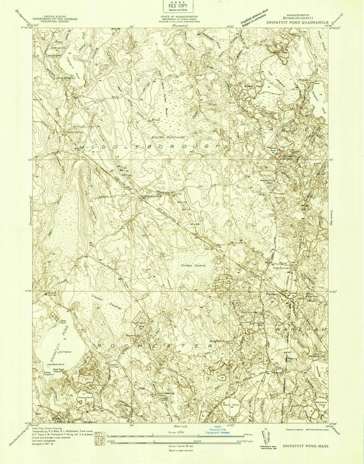 1938 Snipatuit Pond, MA - Massachusetts - USGS Topographic Map