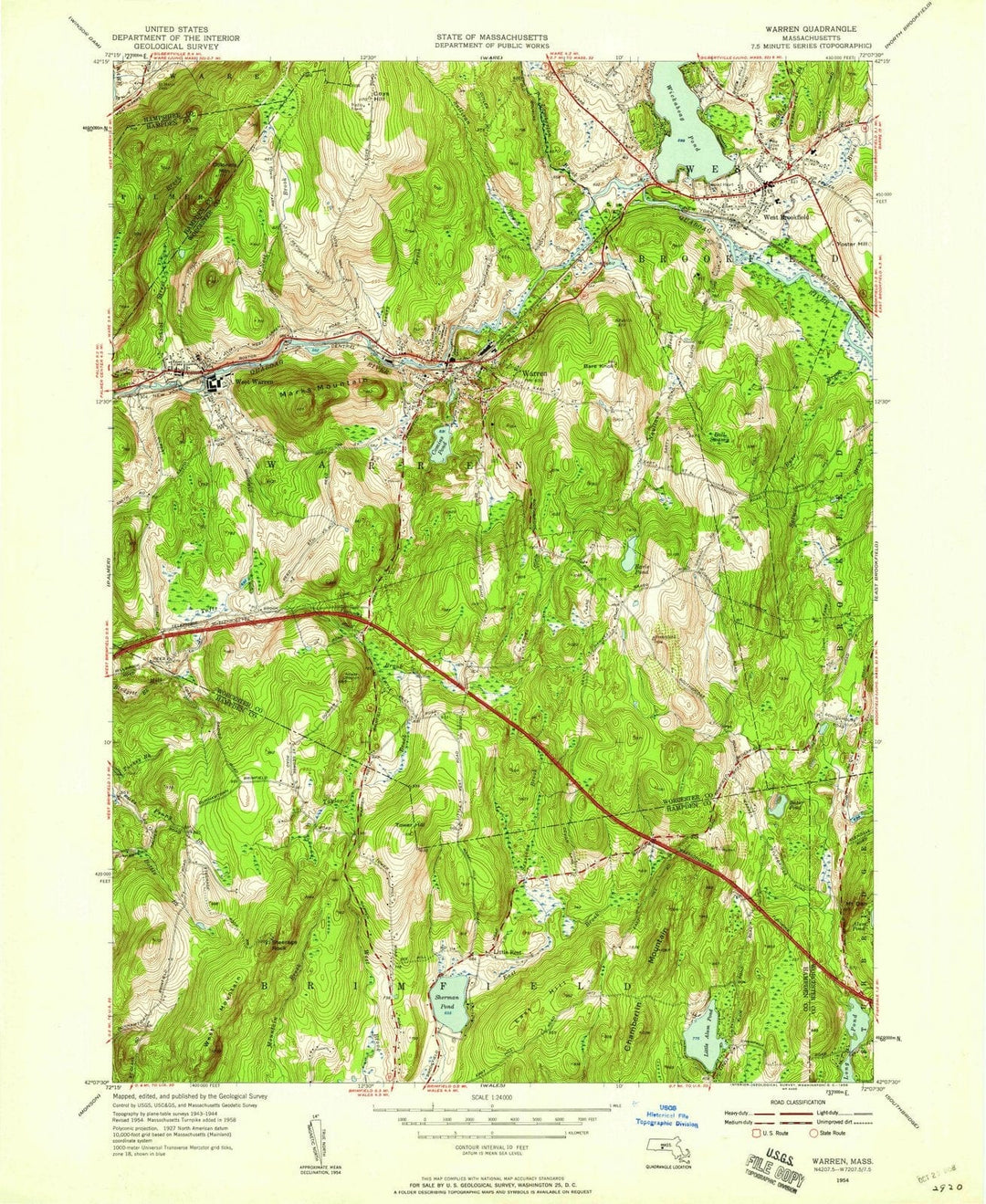 1954 Warren, MA - Massachusetts - USGS Topographic Map