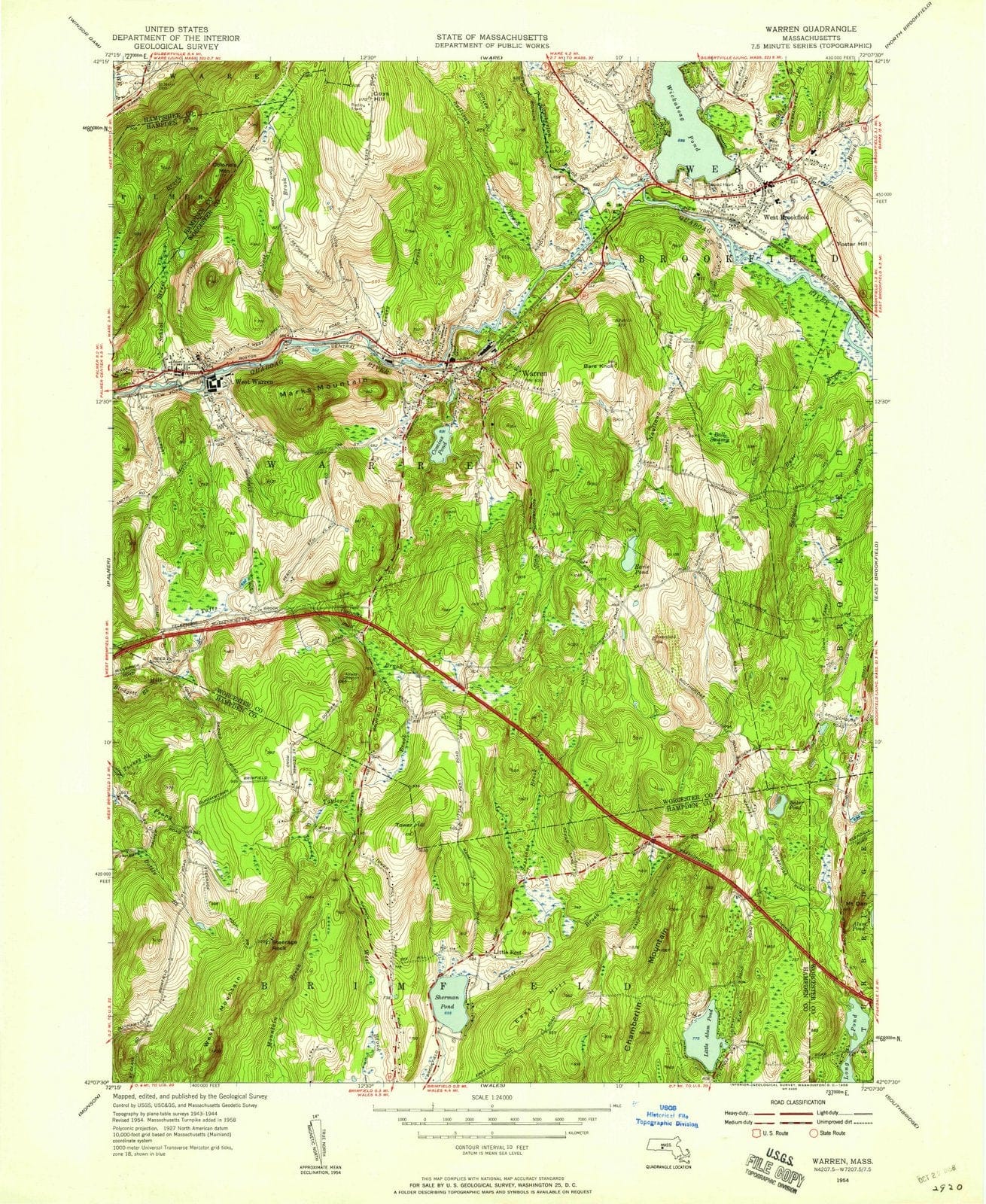 1954 Warren, MA - Massachusetts - USGS Topographic Map