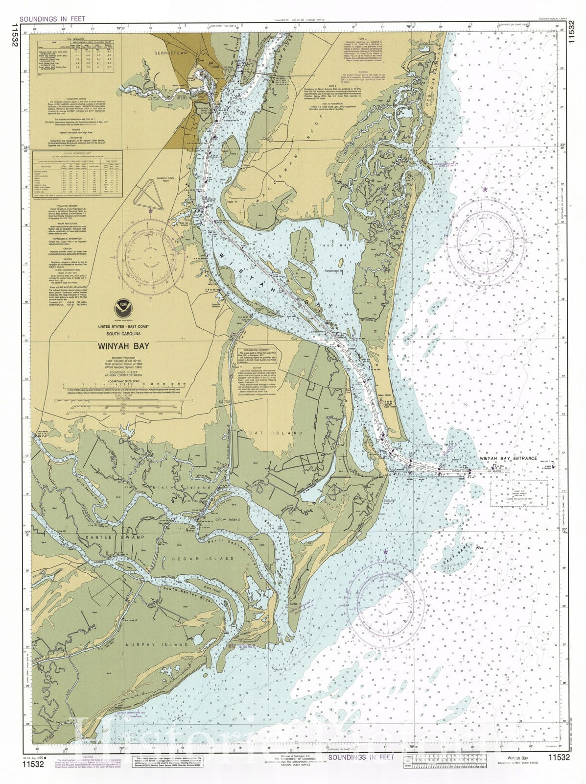 Historic Nautical Map - Winyah Bay, 1990 NOAA Chart - South Carolina (SC) - Vintage Wall Art
