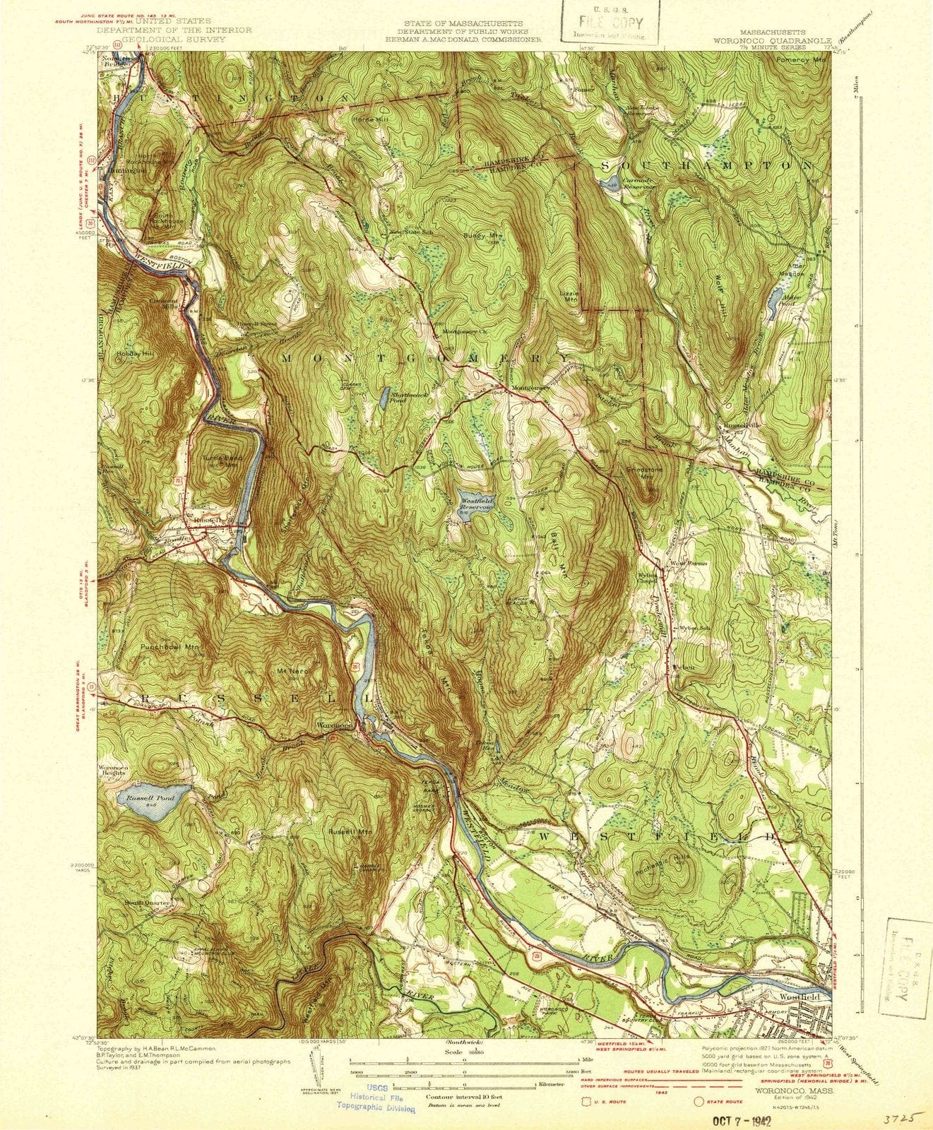 1942 Woronoco, MA - Massachusetts - USGS Topographic Map