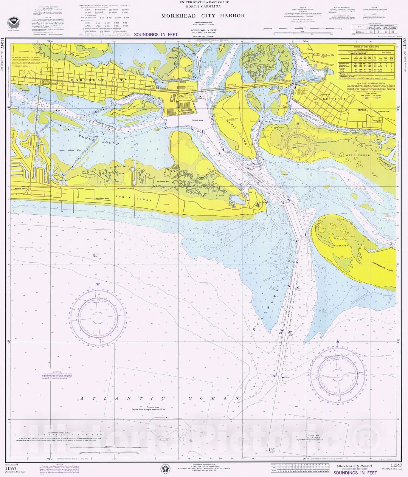 Historic Nautical Map - Morehead City Harbor, 1974 NOAA Chart - North Carolina (NC) - Vintage Wall Art