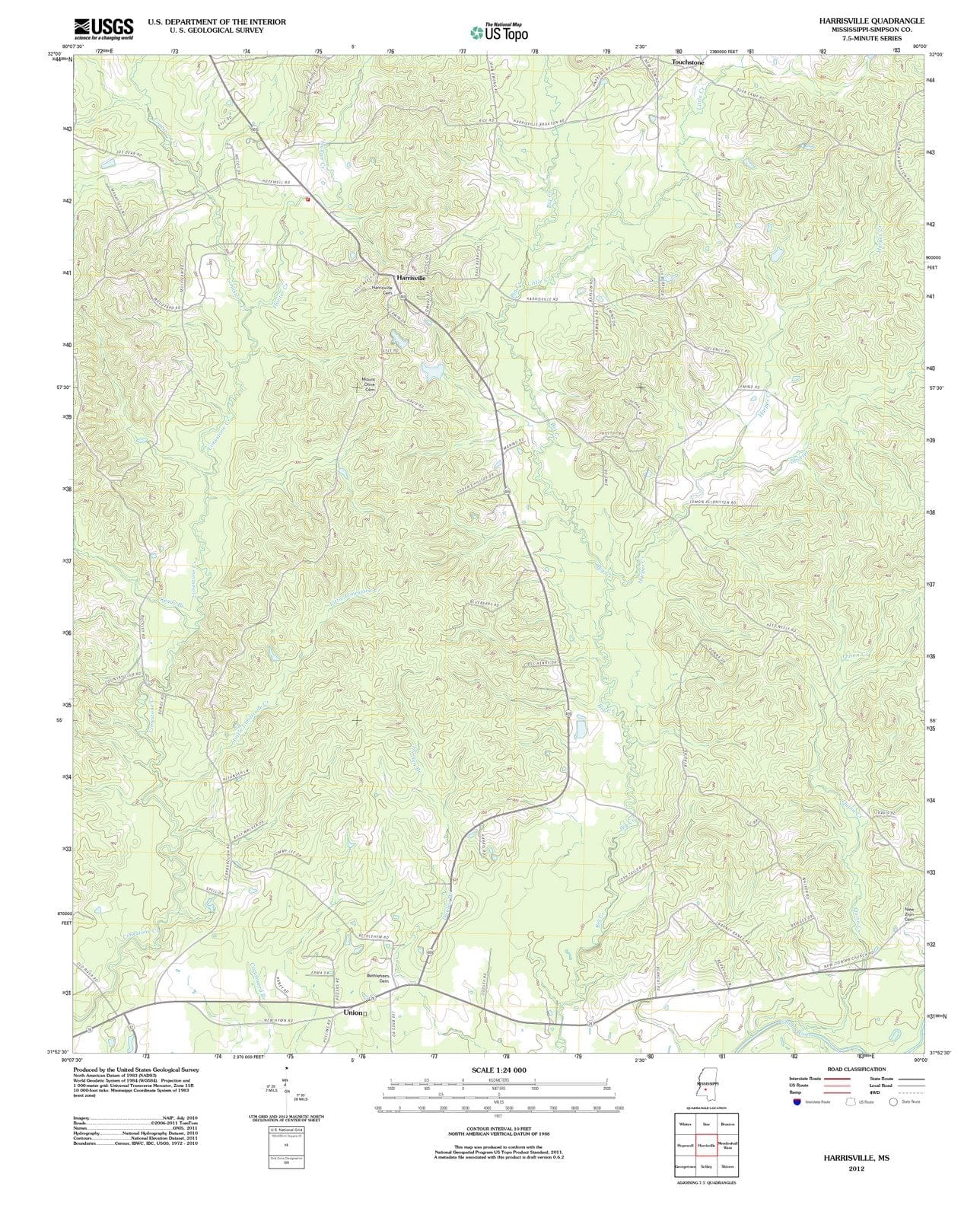 2012 Harrisville, MS - Mississippi - USGS Topographic Map