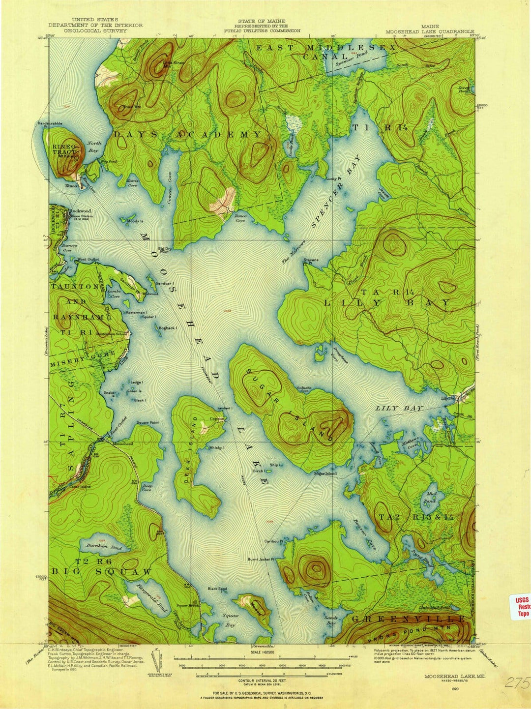 1920 Moosehead Lake, ME - Maine - USGS Topographic Map