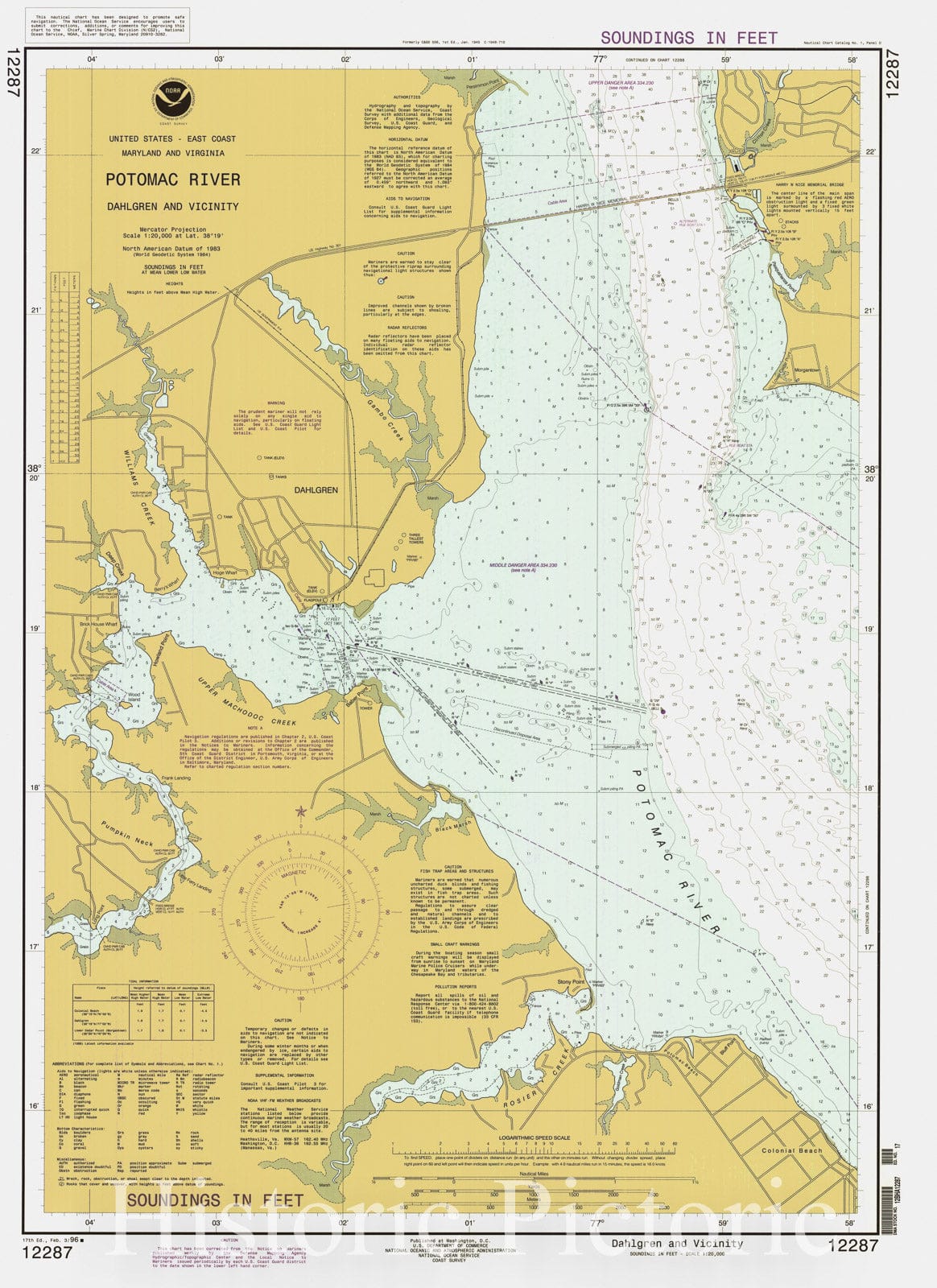 Historic Nautical Map - Potomac River - Dahlgren And Vicinity, 1996 NOAA Chart - Virginia, Maryland (VA, MD) - Vintage Wall Art
