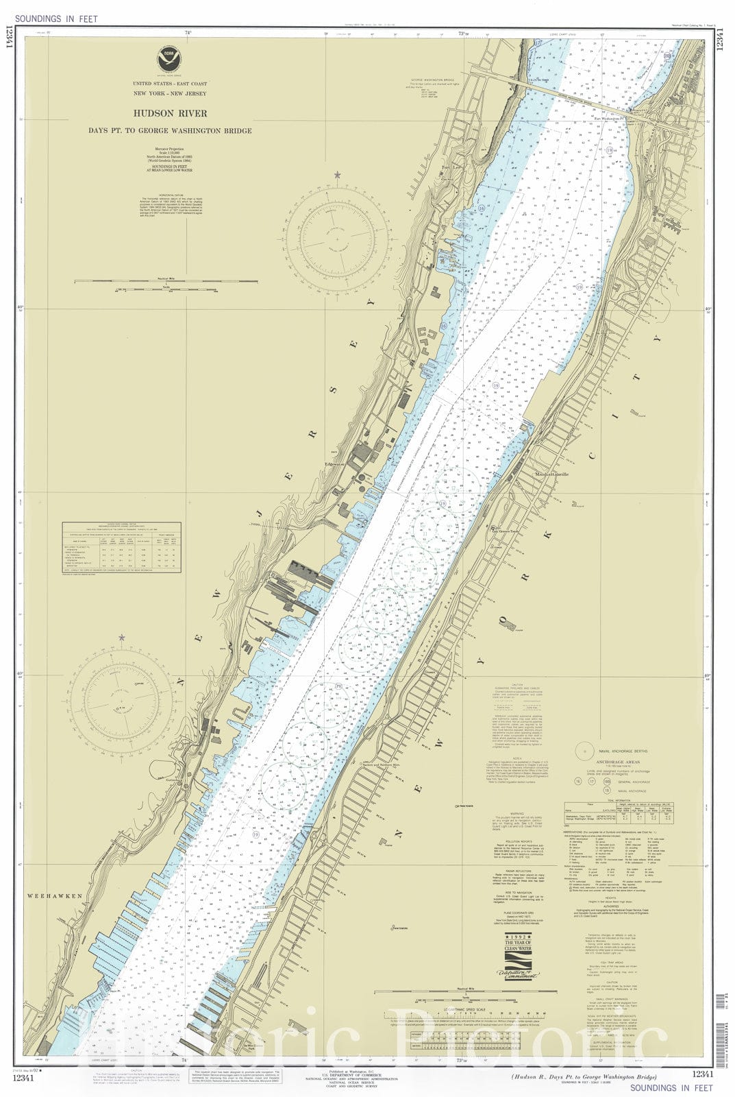 Historic Nautical Map - Hudson River -Days Pt To George Washington Bridge, 1992 NOAA Chart - New York, New Jersey (NY, NJ) - Vintage Wall Art