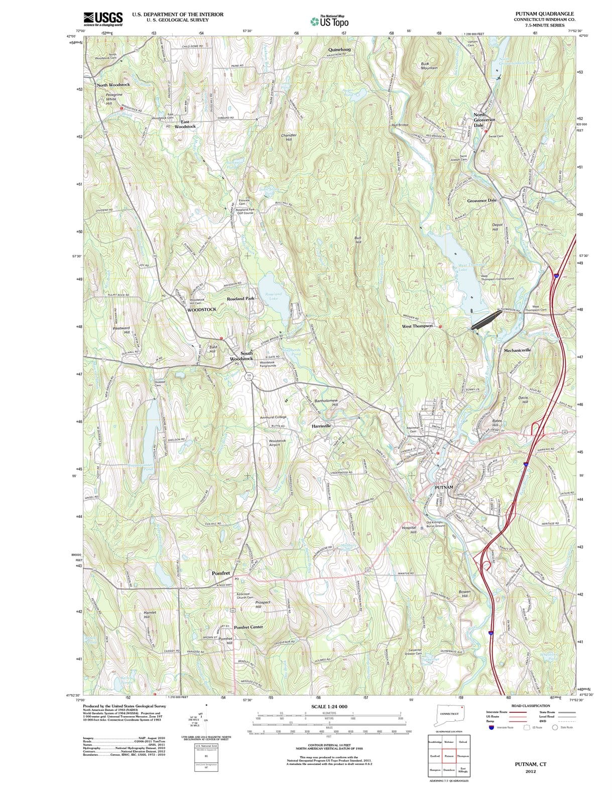 2012 Putnam, CT - Connecticut - USGS Topographic Map