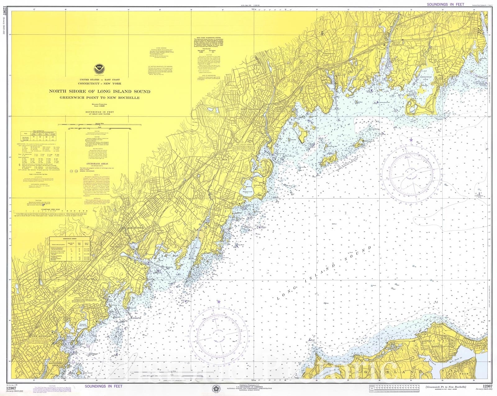 Historic Nautical Map - North Shore Of Long Island Sound - Greenwich Pt To New Rochelle, 1974 NOAA Chart - New York, Connecticut (NY, CT) - Vintage Wall Art