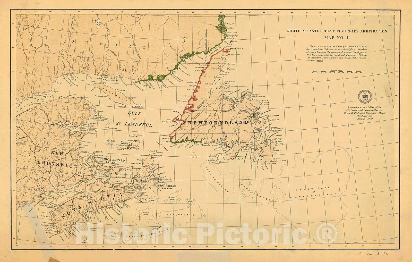Historic Nautical Map - North Atlantic Coast Fisheries Arbitration, 1909 NOAA Cartographic - Vintage Wall Art