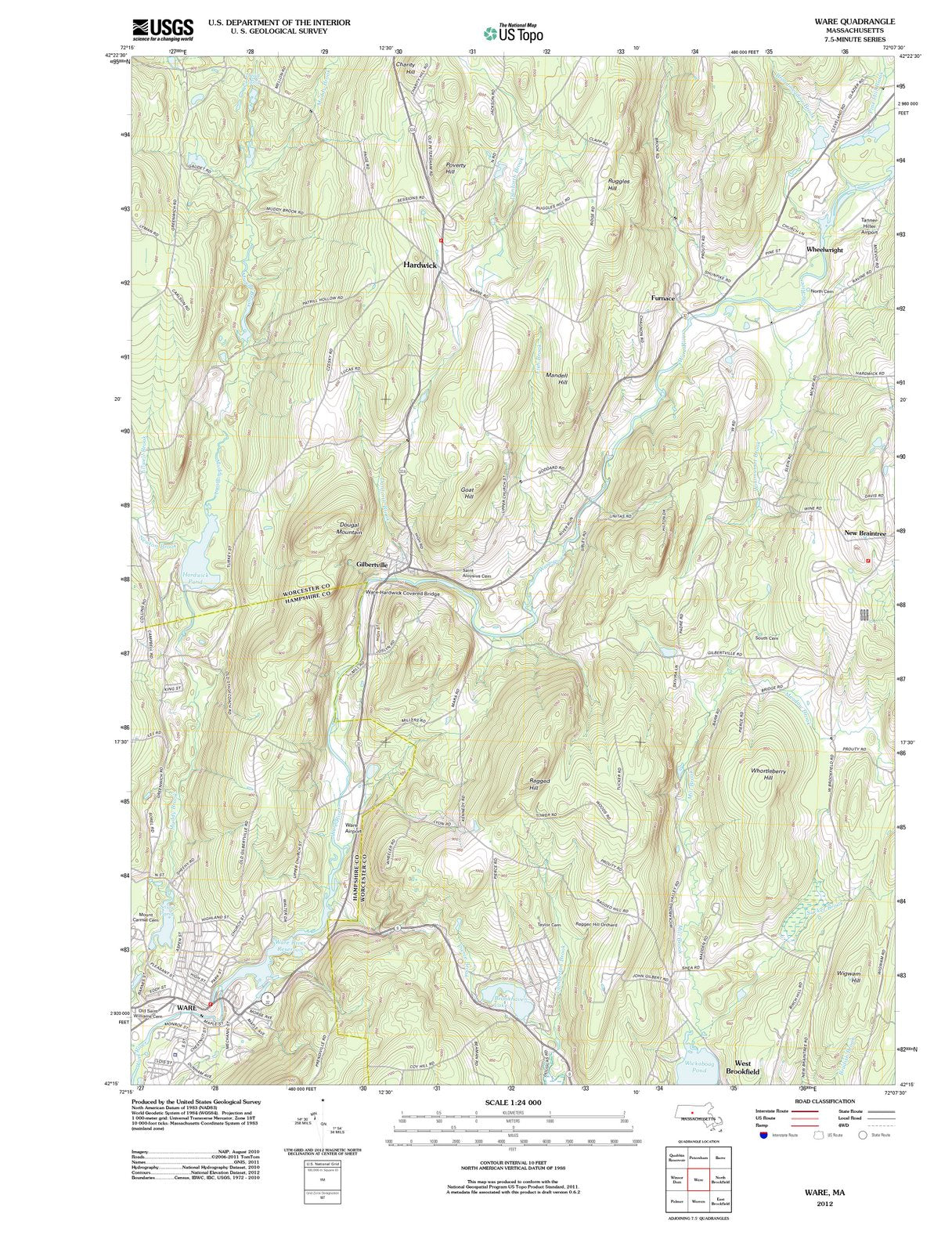 2012 Ware, MA - Massachusetts - USGS Topographic Map