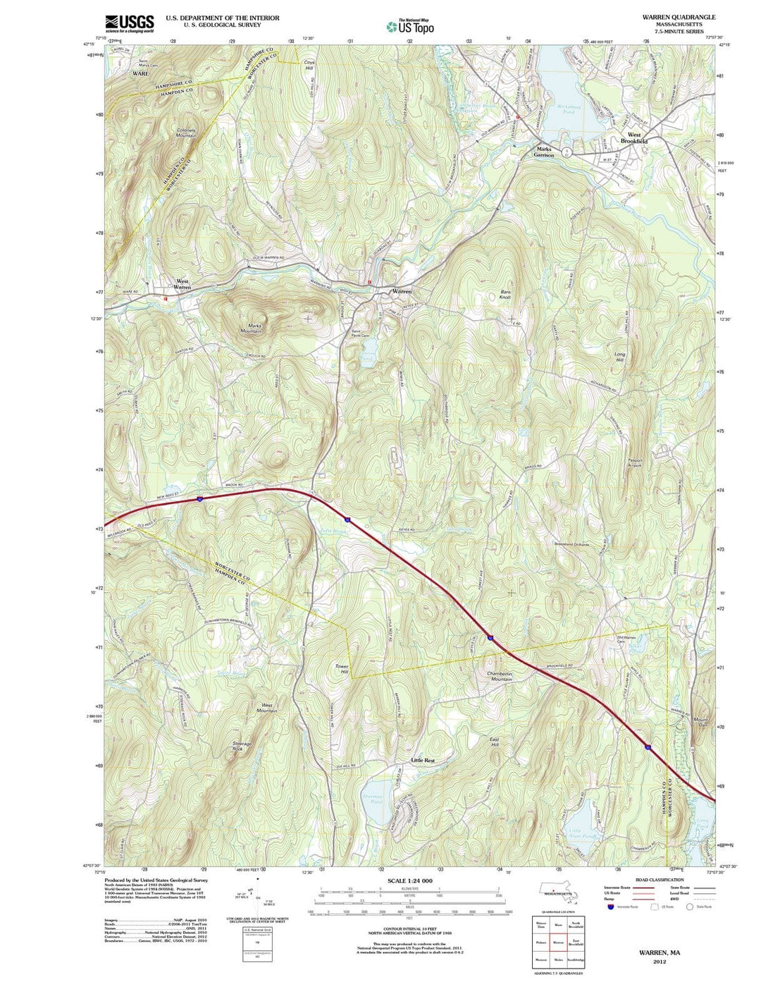 2012 Warren, MA - Massachusetts - USGS Topographic Map