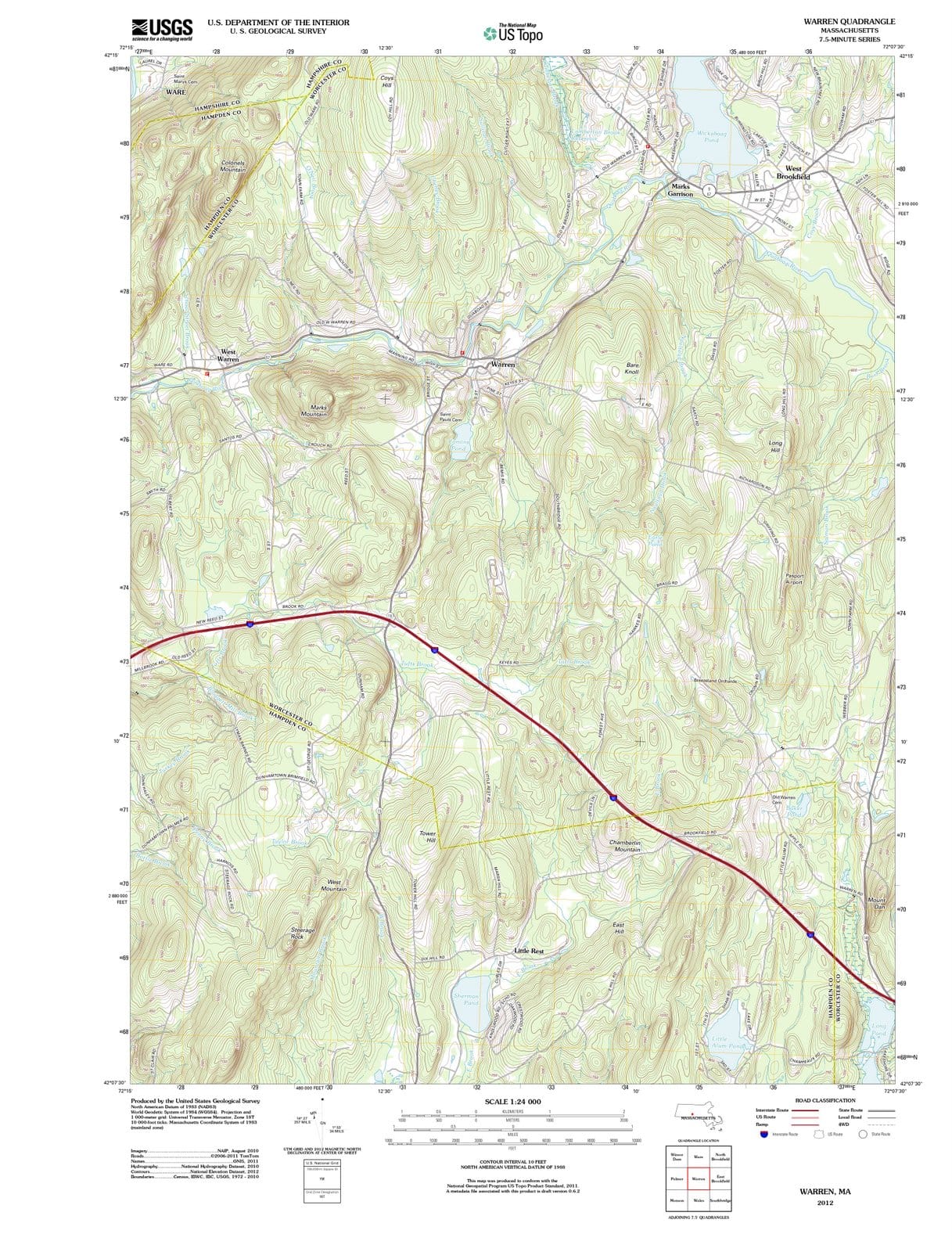 2012 Warren, MA - Massachusetts - USGS Topographic Map