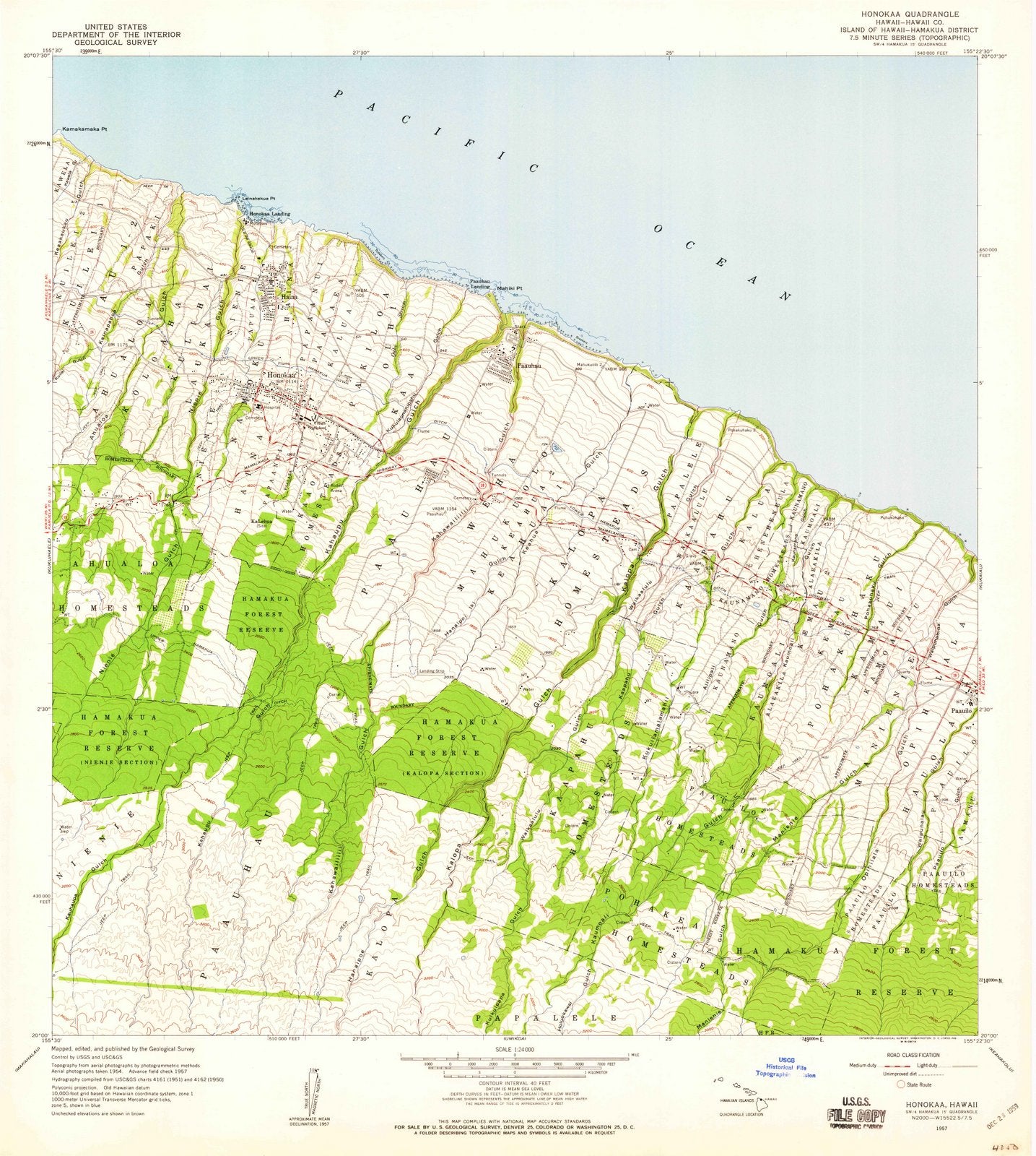 1957 Honokaa, HI - Hawaii - USGS Topographic Map