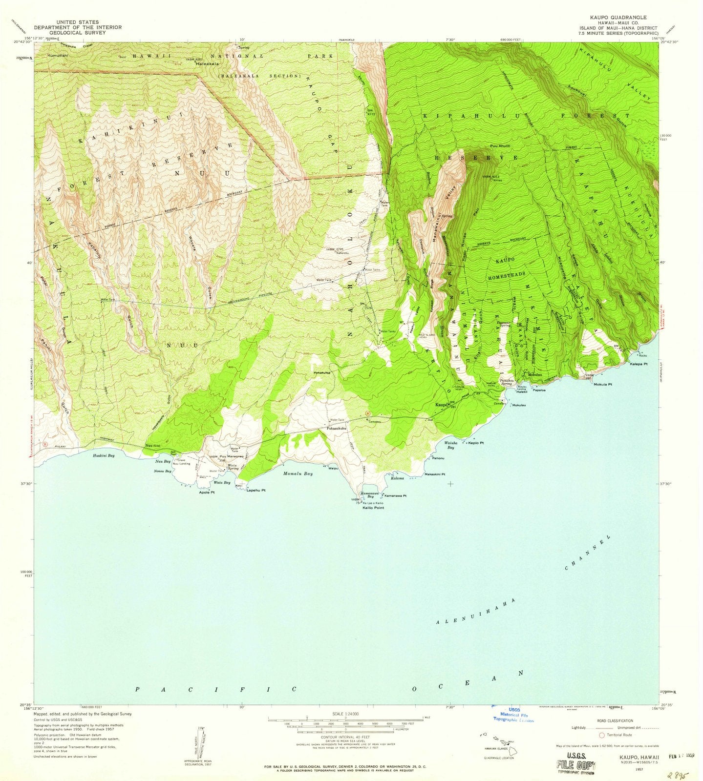 1957 Kaupo, HI - Hawaii - USGS Topographic Map